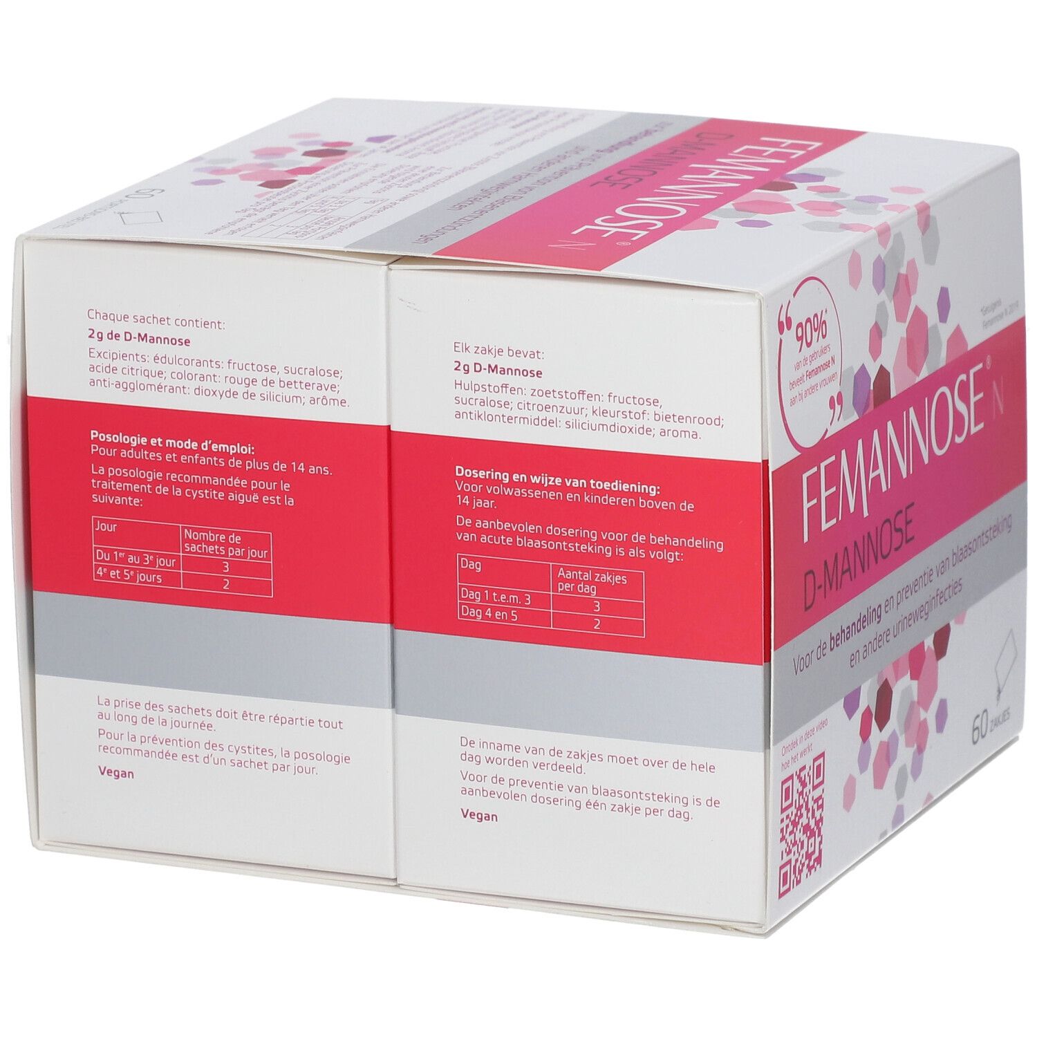 Open verpakking van Famannose® N. Witte doos met roze accenten. Opschrift: FEMANNOSE N, D-MANNOSE. 60 zakjes. Ingrediënten.