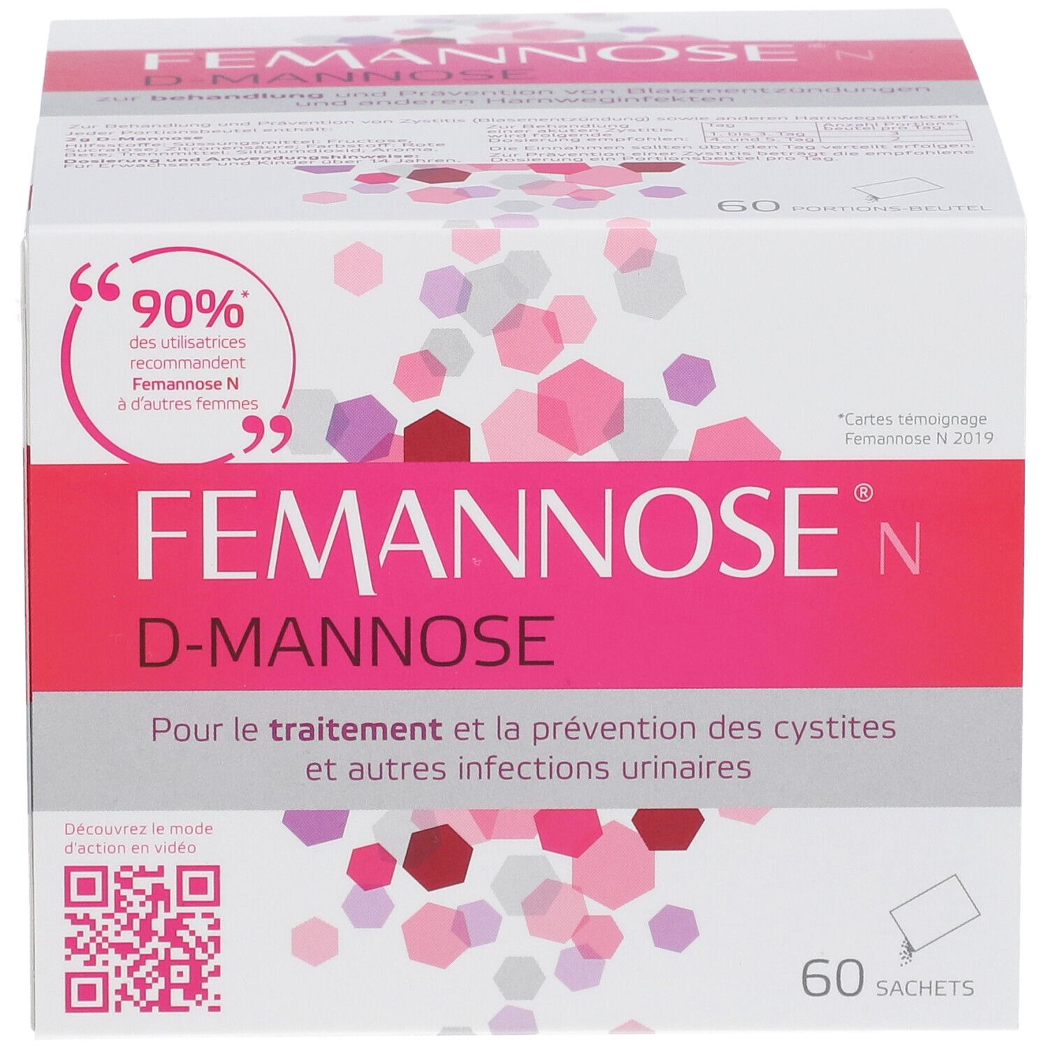 Verpakking van Famannose® N. Witte doos met roze accenten. Opschrift: FEMANNOSE N, D-MANNOSE. 60 zakjes.