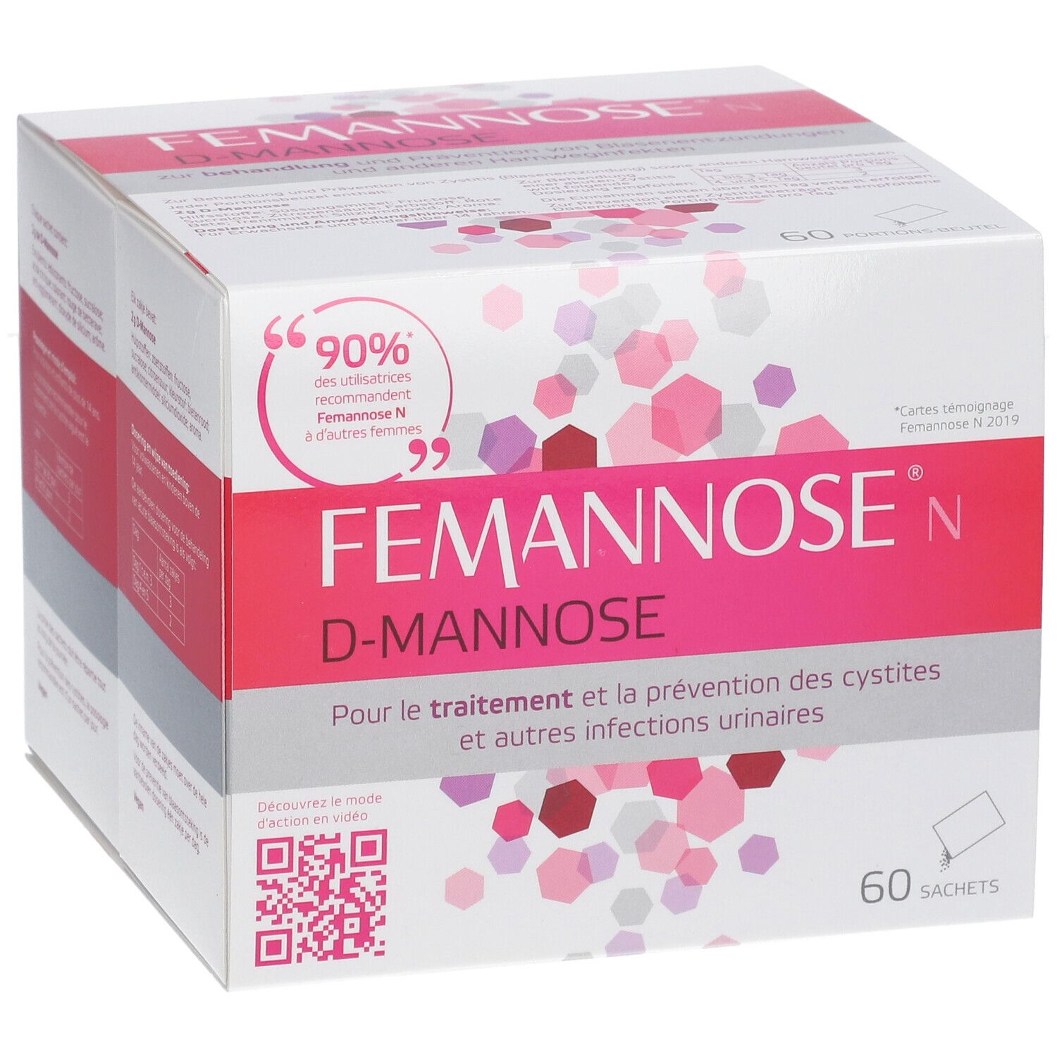 Verpakking van Famannose® N. Witte doos met roze accenten. Opschrift: FEMANNOSE N, D-MANNOSE. 60 zakjes.