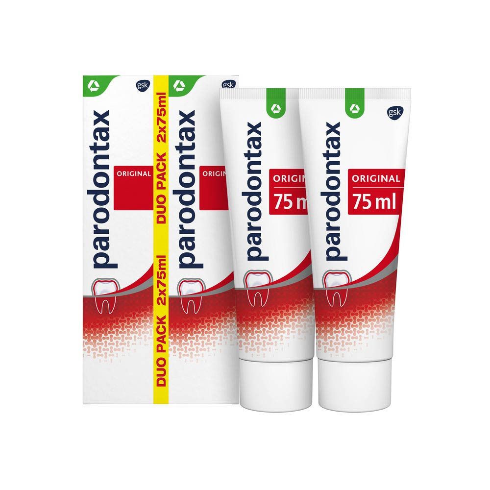 Parodontax Original DUO Pack. Twee tubes tandpasta en verpakking. Witte tubes met rood en groen design.