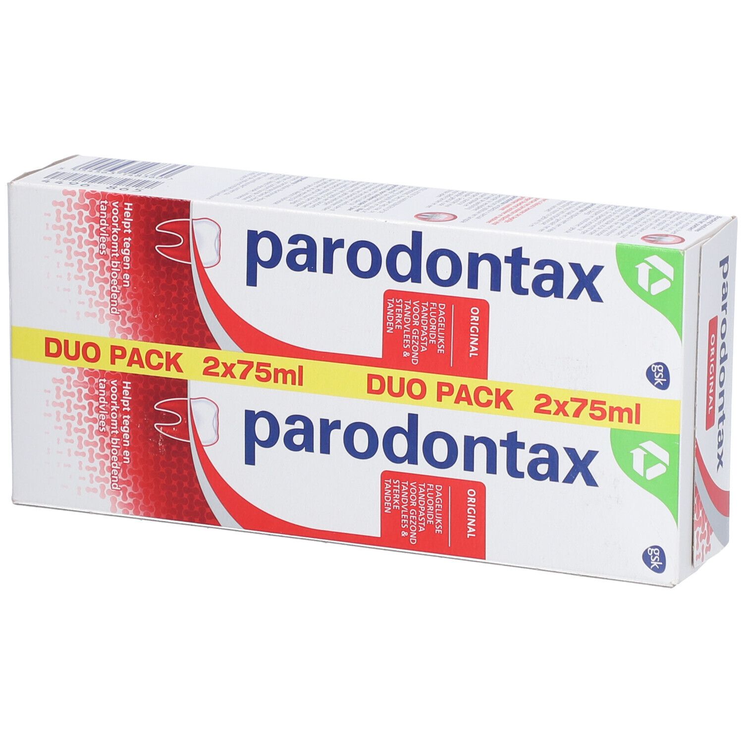 Parodontax Original DUO Pack. Witte, rode en gele verpakking met productnaam en informatie.