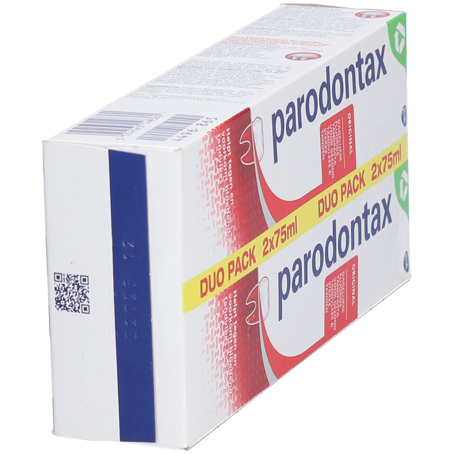 Parodontax Original DUO Pack. Verpakking met productnaam en informatie. Witte, rode en gele kleuren.