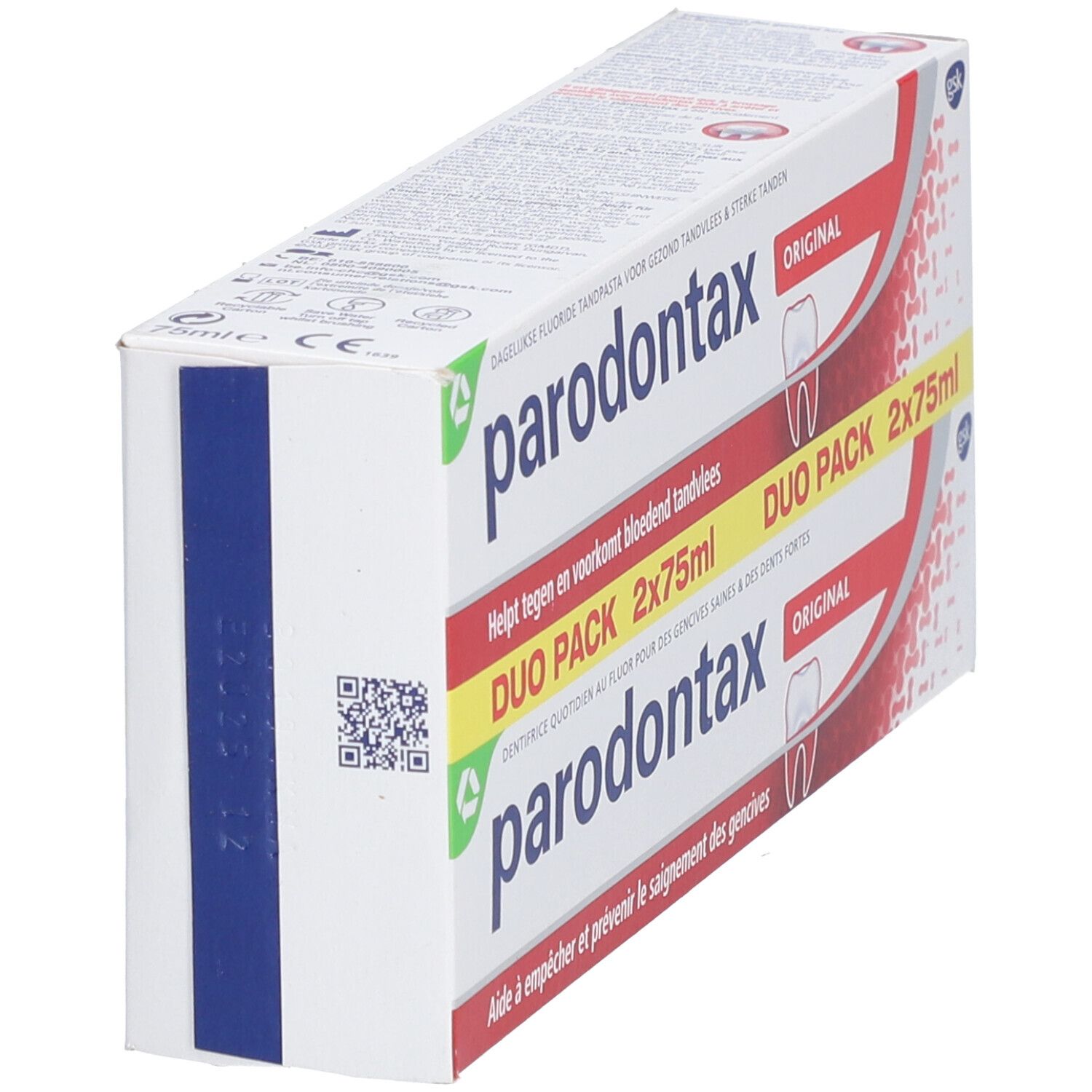 Parodontax Original DUO Pack. Verpakking met productnaam en informatie. Witte, rode en gele kleuren.