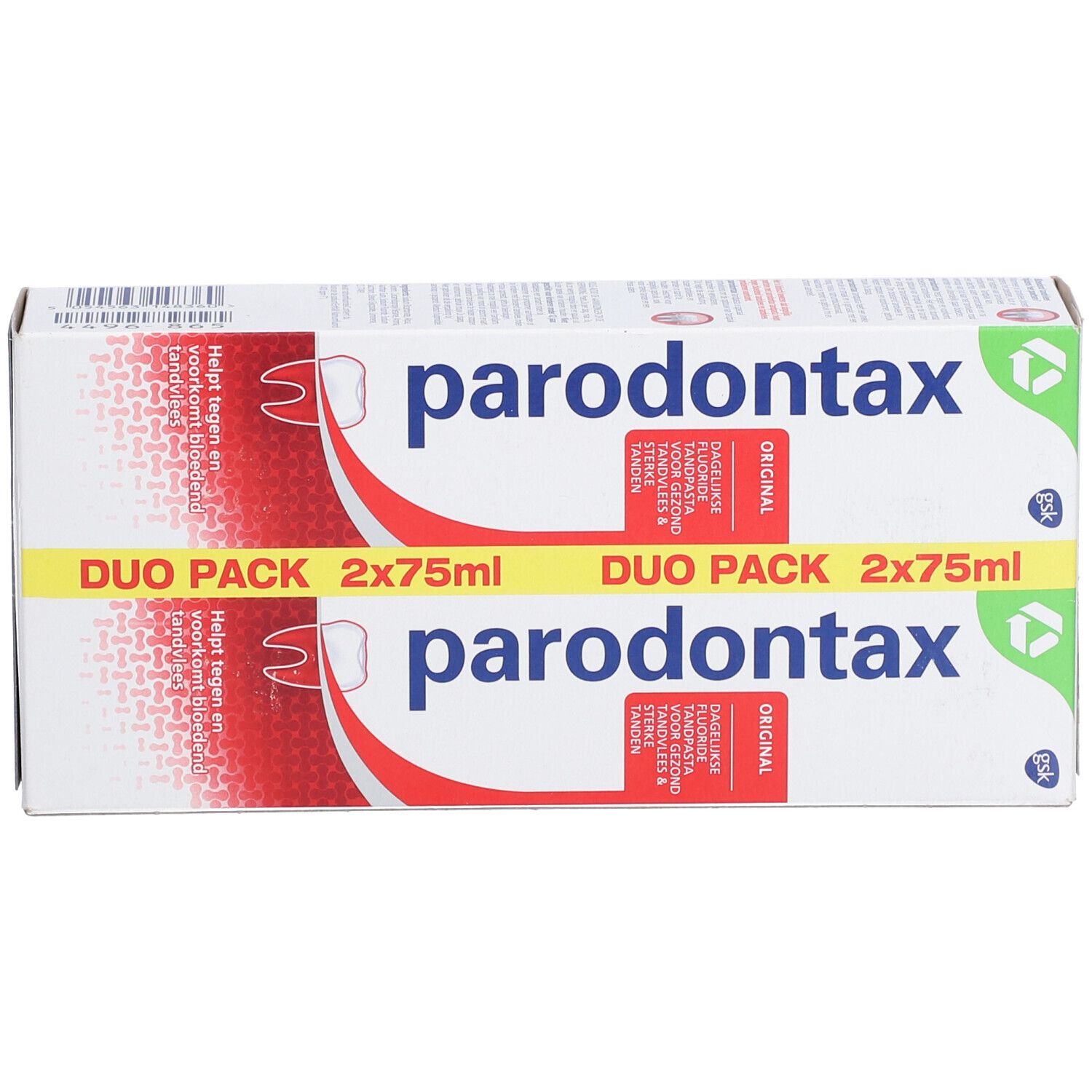Parodontax Original DUO Pack. Witte, rode en gele verpakking met productnaam en informatie.