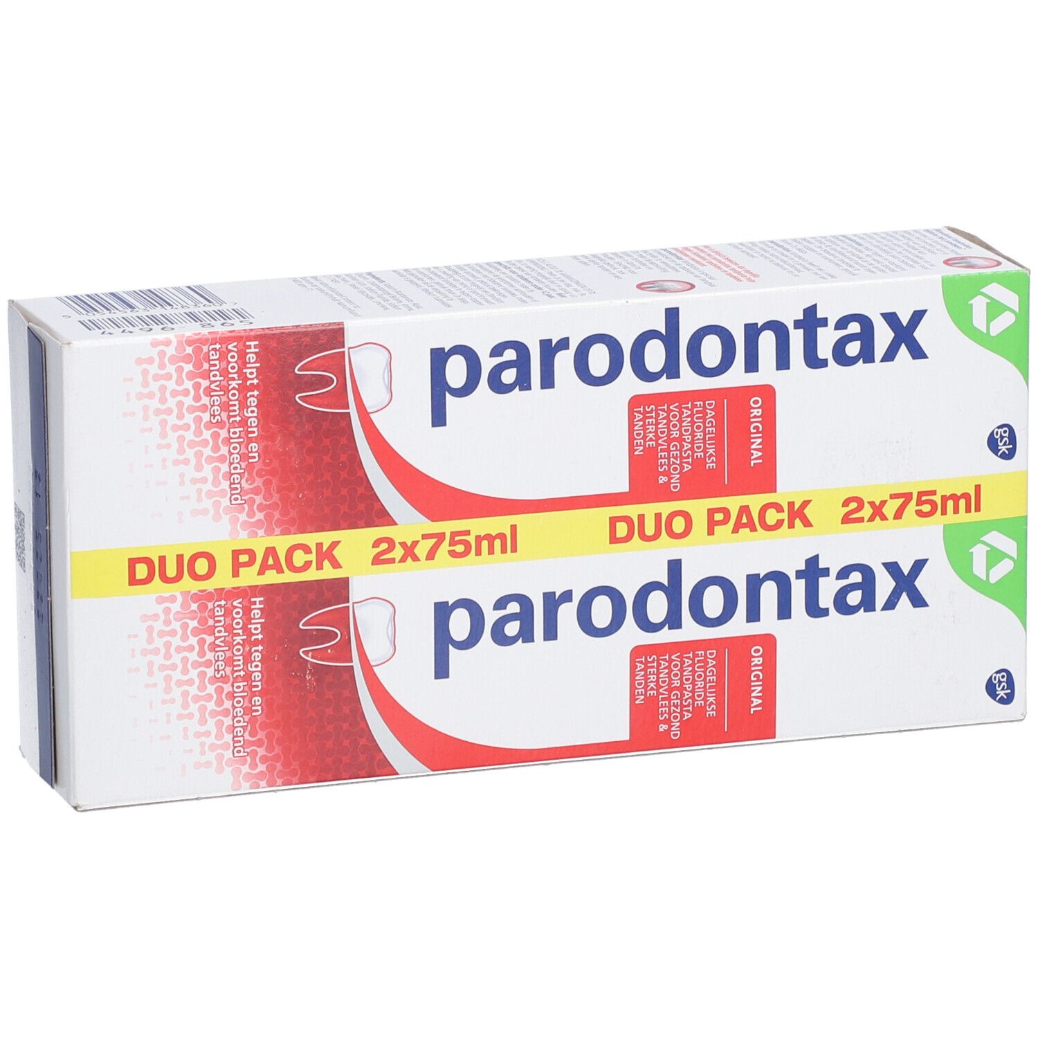 Parodontax Original DUO Pack. Witte, rode en gele verpakking met productnaam en informatie.