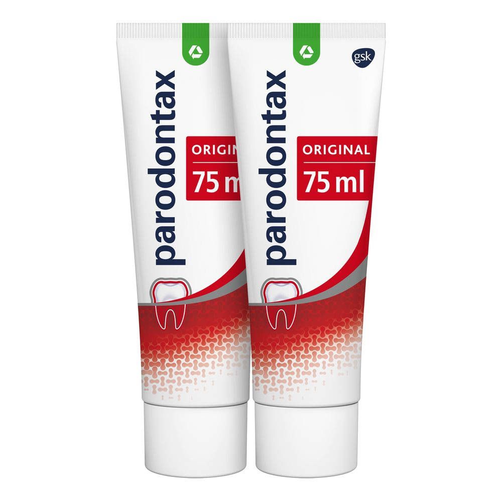 Twee tubes Parodontax Original tandpasta. Witte tubes met rood en groen design. 75 ml.