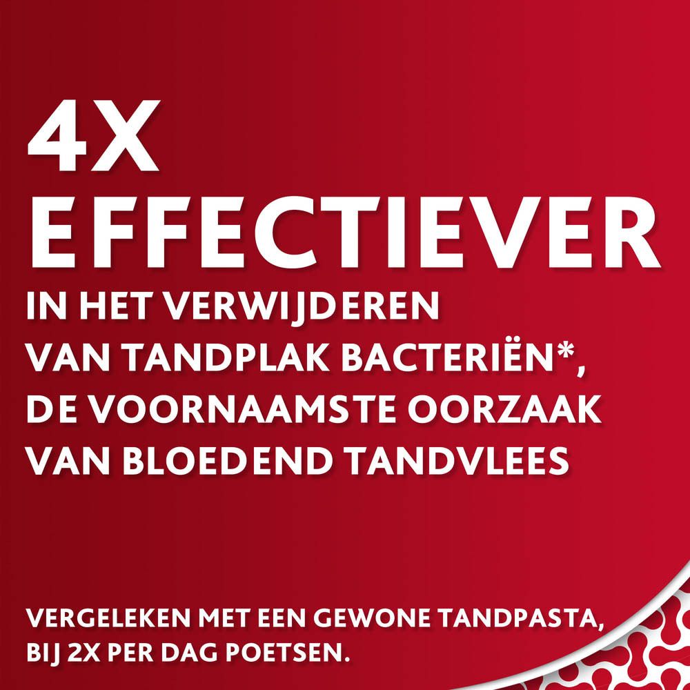 Tekst op rode achtergrond: 4x effectiever in het verwijderen van tandplak, oorzaak van bloedend tandvlees.