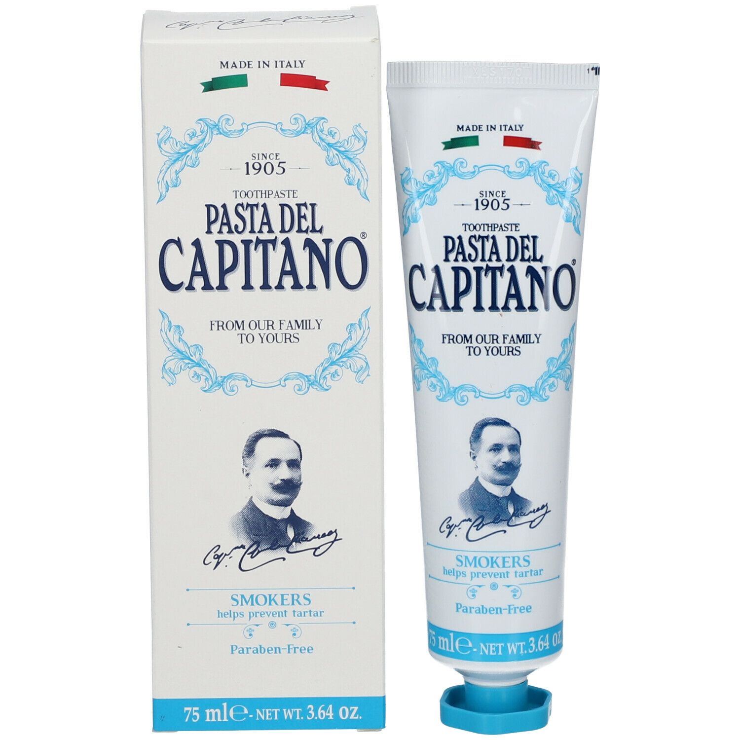 Zahncreme-Tube und Schachtel. Beide weiß mit blauem Design. Aufschrift: Pasta del Capitano. Für Raucher. Hergestellt in Italien.