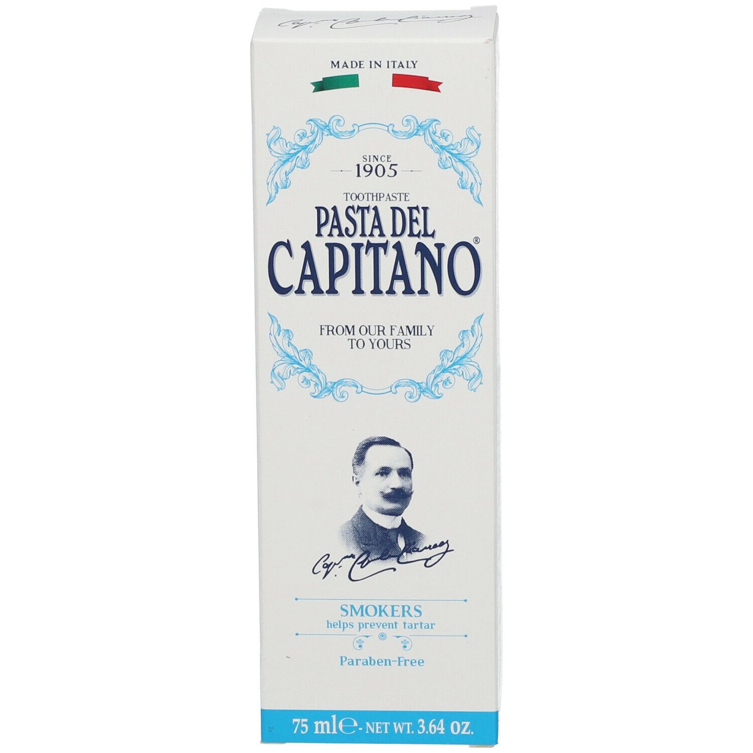 Zahncreme-Schachtel, weiß mit blauem Design. Aufschrift: Pasta del Capitano, für Raucher. Hergestellt in Italien. Enthält ein Porträt.