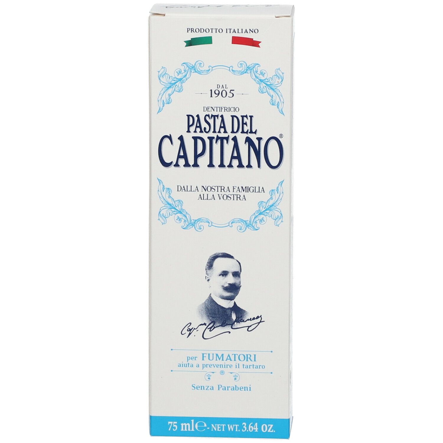 Vorderseite der Zahncreme-Schachtel. Aufschrift: Pasta del Capitano, für Raucher. Hergestellt in Italien. Enthält ein Porträt.