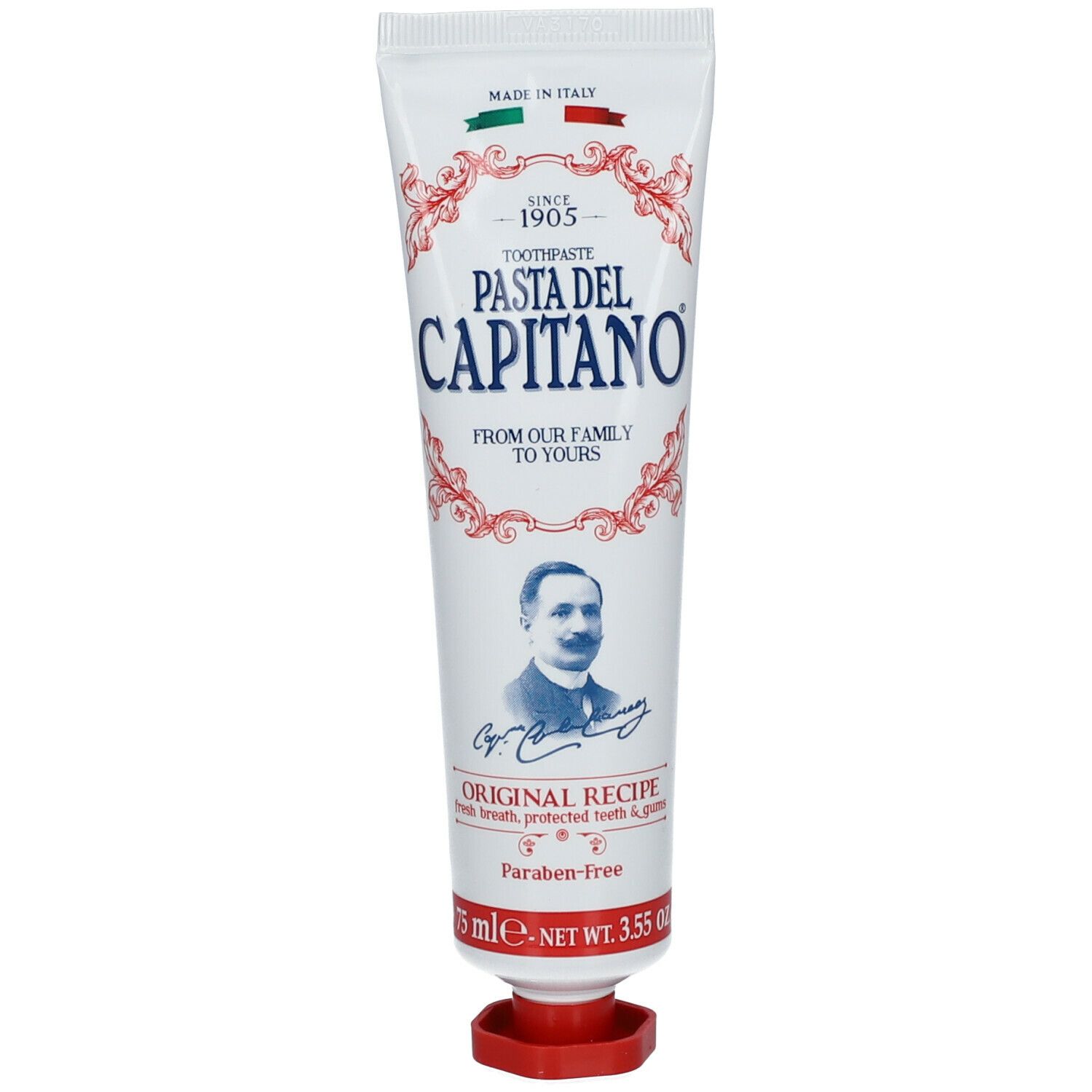 Tube de dentifrice blanc, rouge et vert. Inscription : Pasta del Capitano, Original Recipe. Avec portrait et drapeau italien.