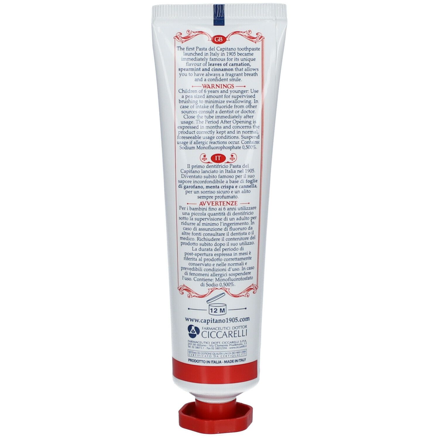 Dos du tube de dentifrice. Texte en anglais et en italien. Bouchon rouge. Fabriqué en Italie.
