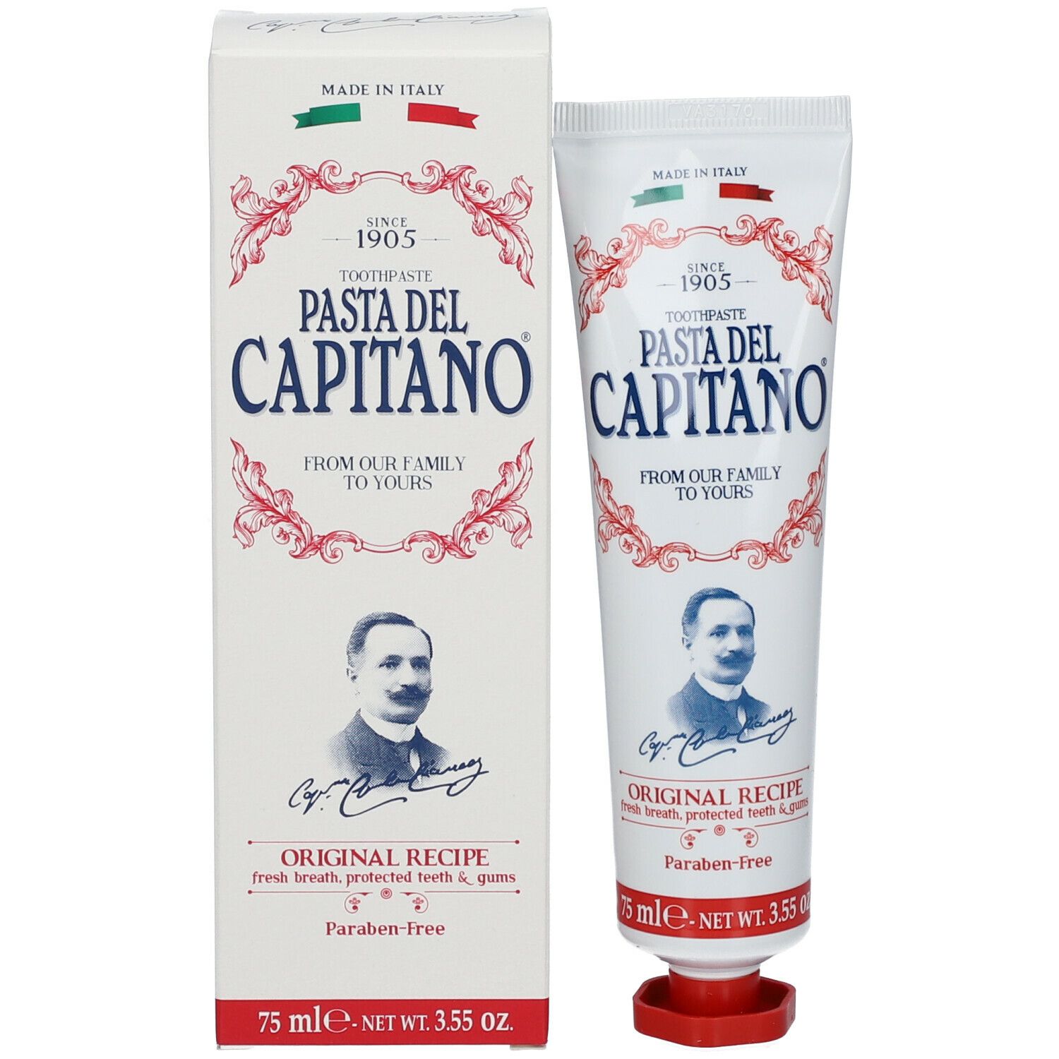 Tube de dentifrice et boîte. Les deux blancs, rouges et verts. Inscription : Pasta del Capitano, Original Recipe. Avec portrait.