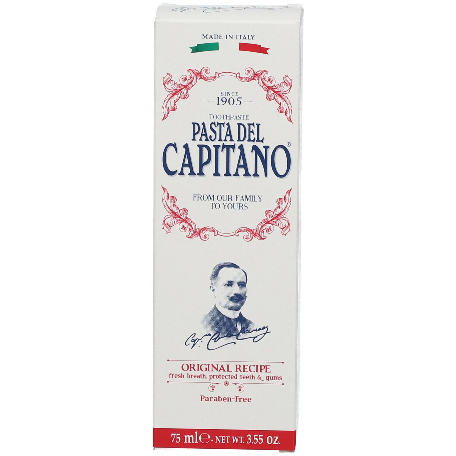 Boîte de dentifrice, blanche, rouge et verte. Inscription : Pasta del Capitano, Original Recipe. Avec portrait et drapeau italien.