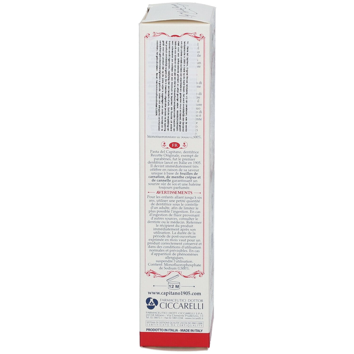 Dos de la boîte de dentifrice. Texte en anglais et en italien. Fabriqué en Italie. Logo.