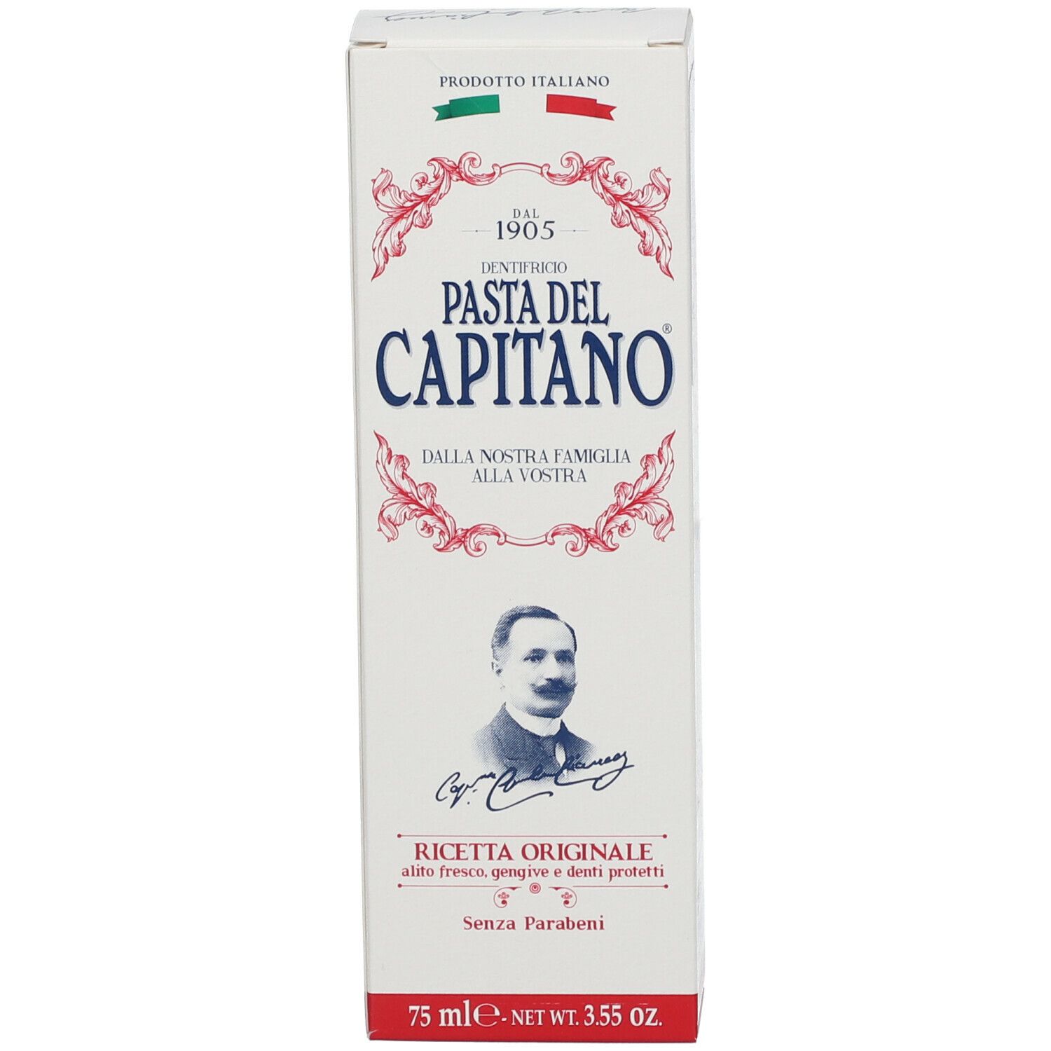 Boîte de dentifrice, blanche, rouge et verte. Inscription : Pasta del Capitano, Ricetta Originale. Avec portrait et drapeau italien.