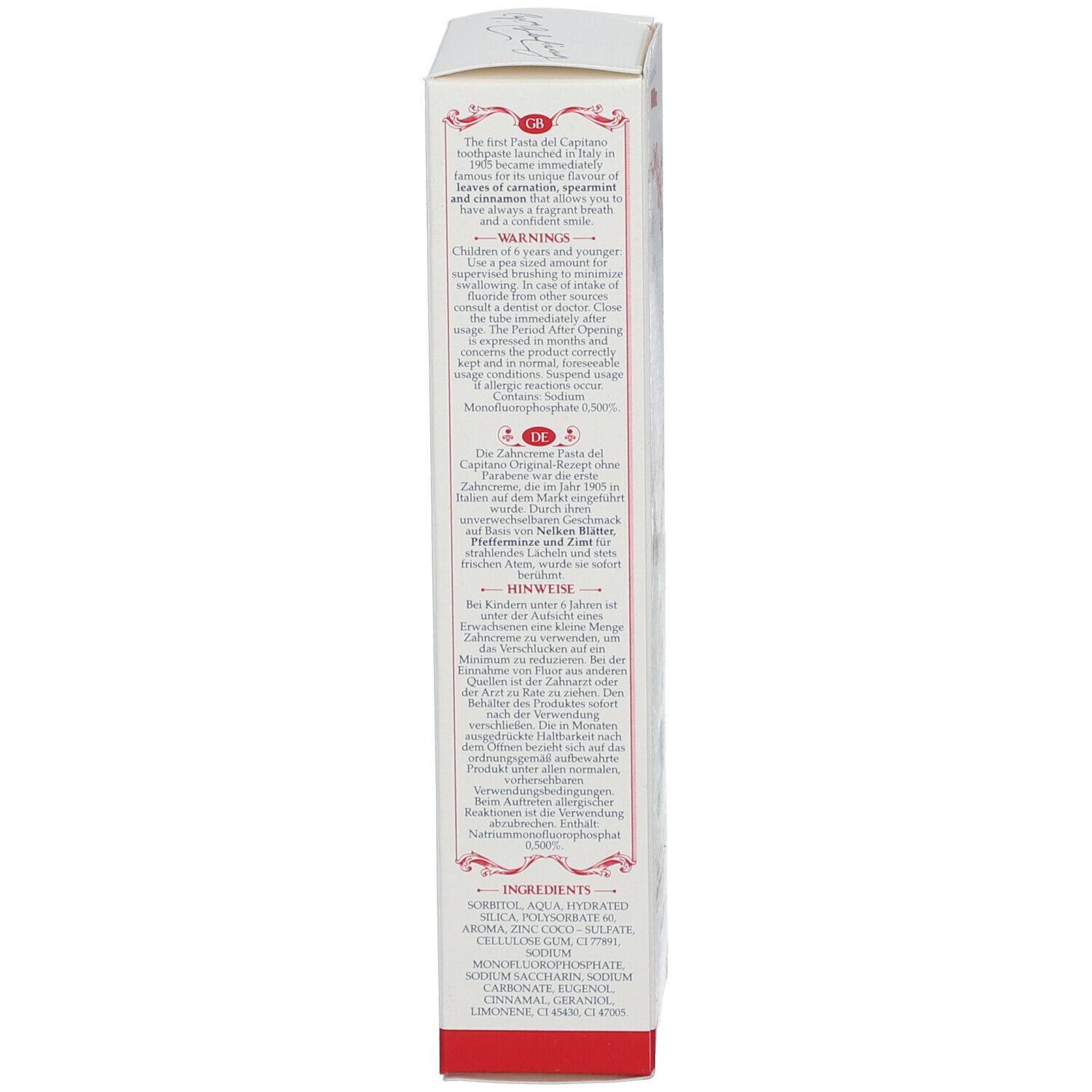 Dos de la boîte de dentifrice. Texte en anglais et en italien. Ingrédients. Fabriqué en Italie.