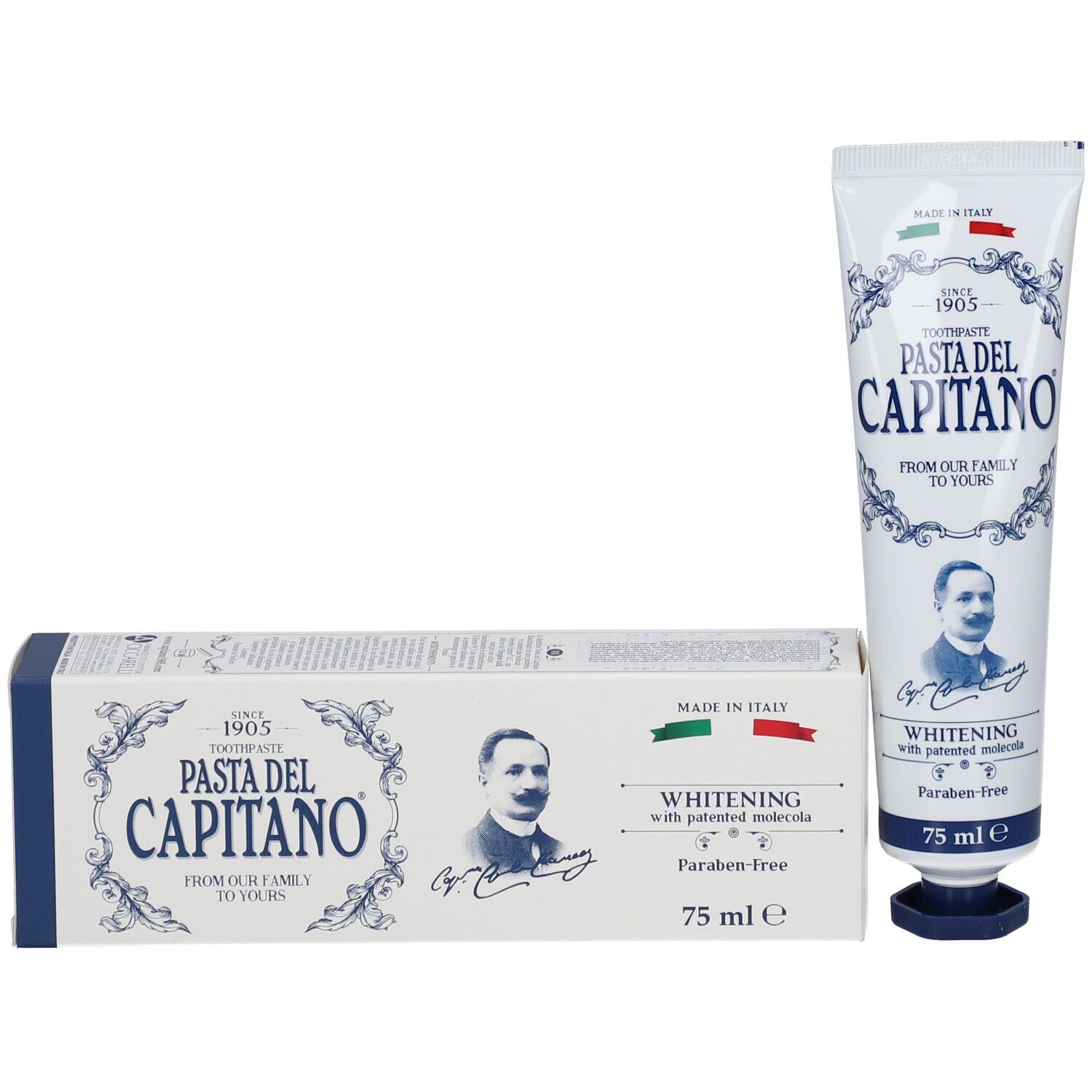 Zahnpastatube und Verpackungsbox von "Pasta del Capitano", beide weiß mit blauen Details und Produktinformationen.