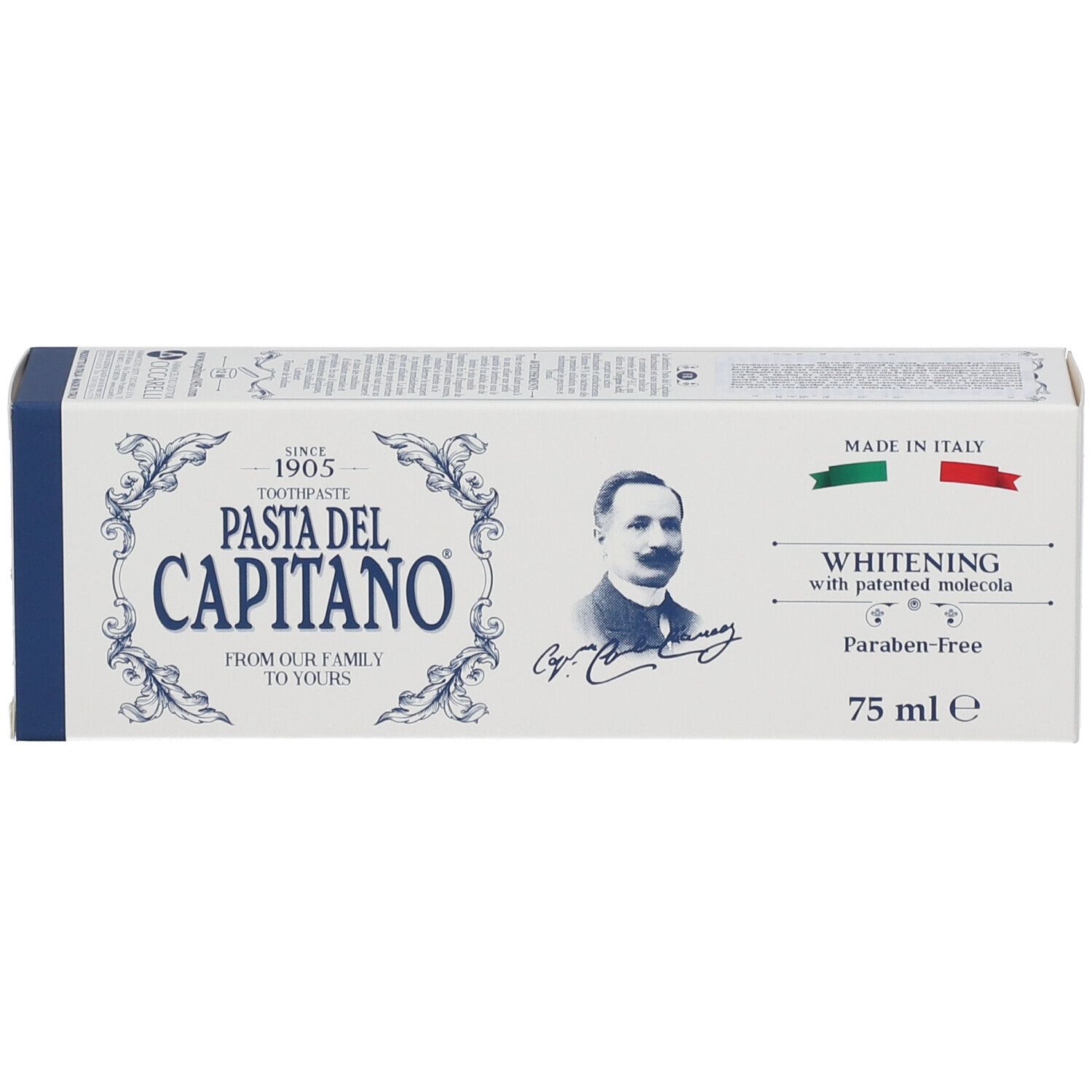 Verpackungsbox für "Pasta del Capitano" Zahnpasta, weiß mit blauen Verzierungen, Porträt und Produktmerkmalen.