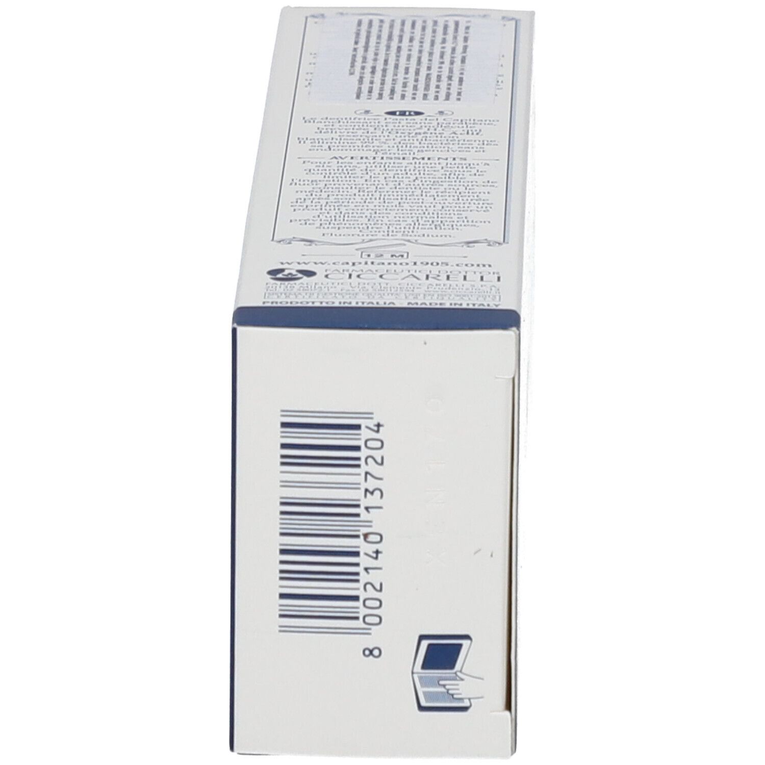 Seitenansicht einer "Pasta del Capitano" Zahnpastapakung mit Barcode und Symbolen.