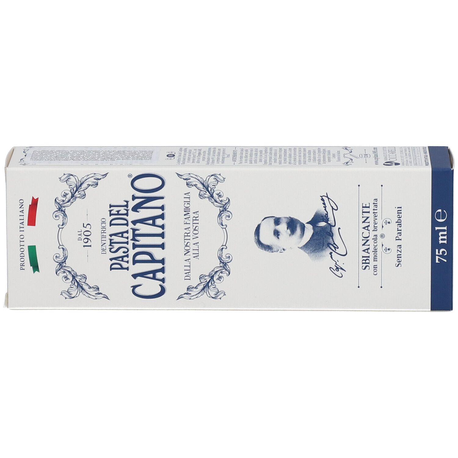 Vorderseite einer "Pasta del Capitano" Zahnpastapakung auf Italienisch, mit blauen Verzierungen und Porträt.