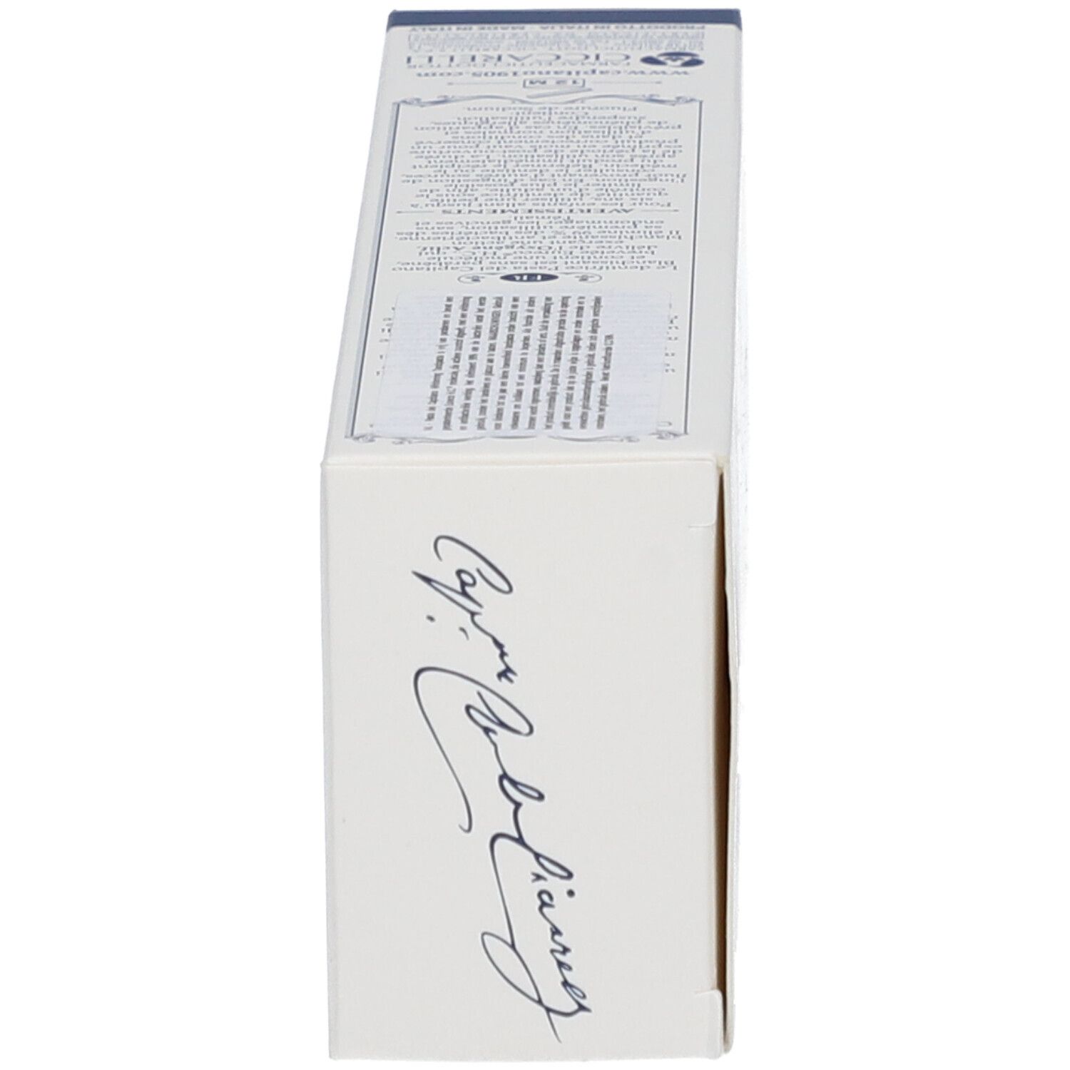 Seitenansicht einer "Pasta del Capitano" Zahnpastapakung mit Unterschrift und Text.