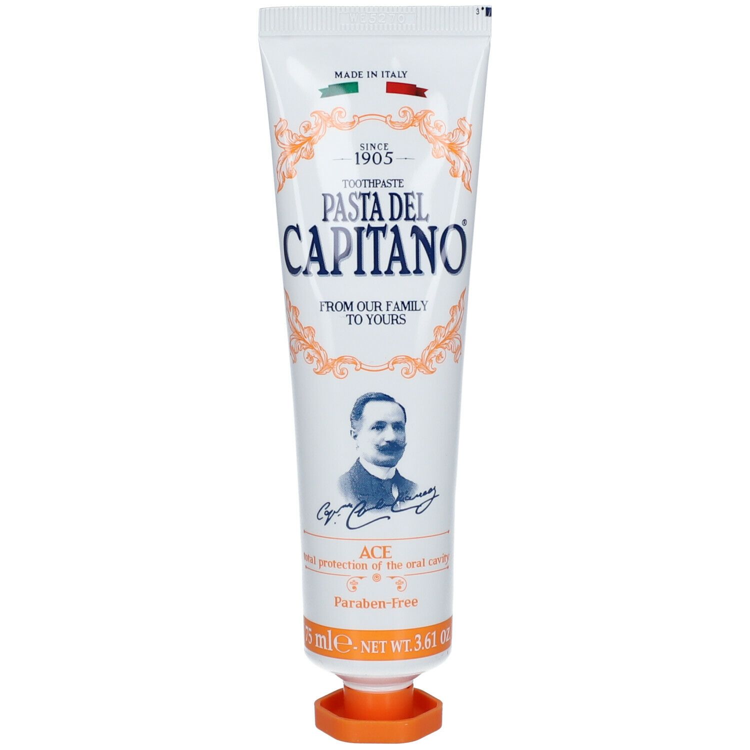 Witte tandpastatube met oranje accenten. Opschrift: Pasta del Capitano, ACE, Paraben-Free. Afbeelding van een man.