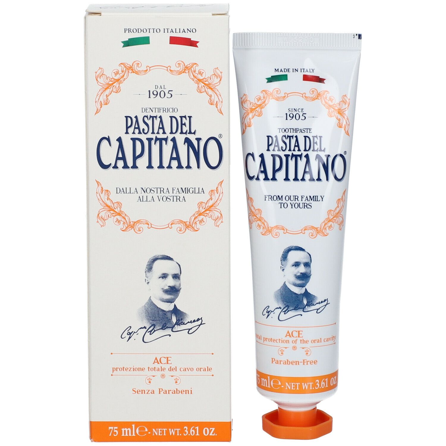 Tandpasta tube en doos. Opschrift: Pasta del Capitano, ACE, Paraben-Free. Afbeelding van een man. Italiaanse vlag.
