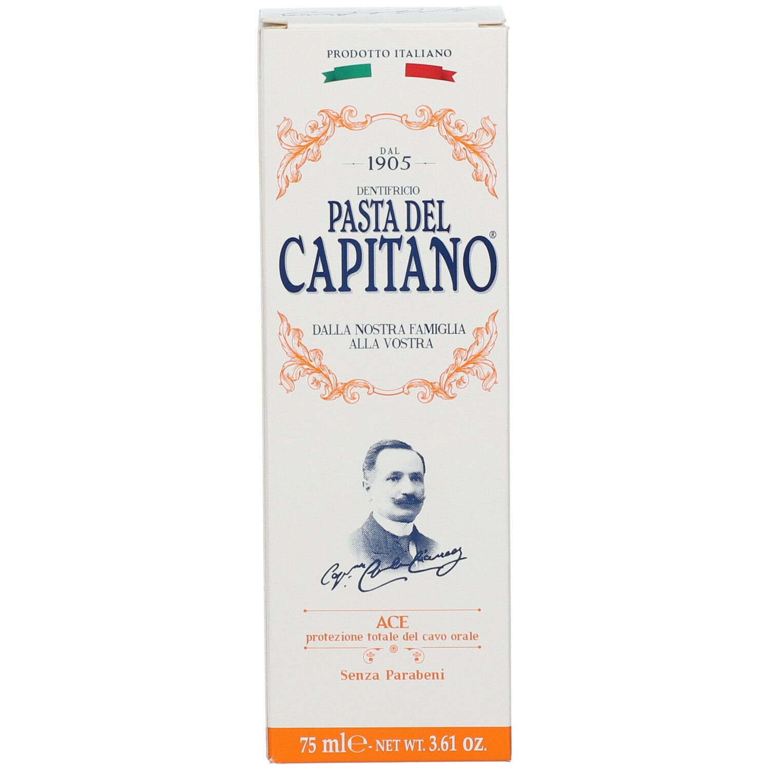 Tandpasta doos. Opschrift: Pasta del Capitano, ACE, Paraben-Free. Afbeelding van een man. Italiaanse vlag.
