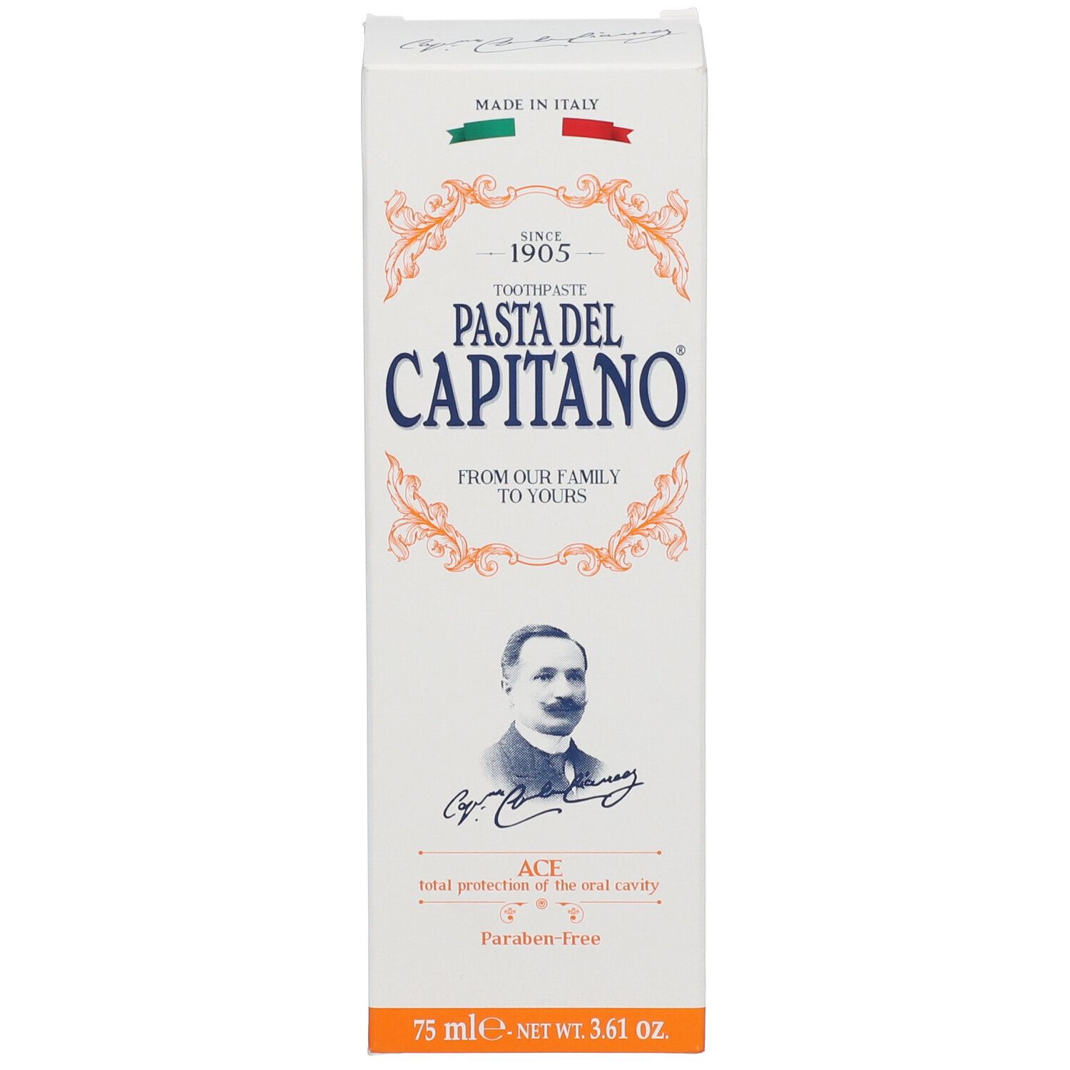 Tandpasta doos. Opschrift: Pasta del Capitano, ACE, Paraben-Free. Afbeelding van een man. Italiaanse vlag.