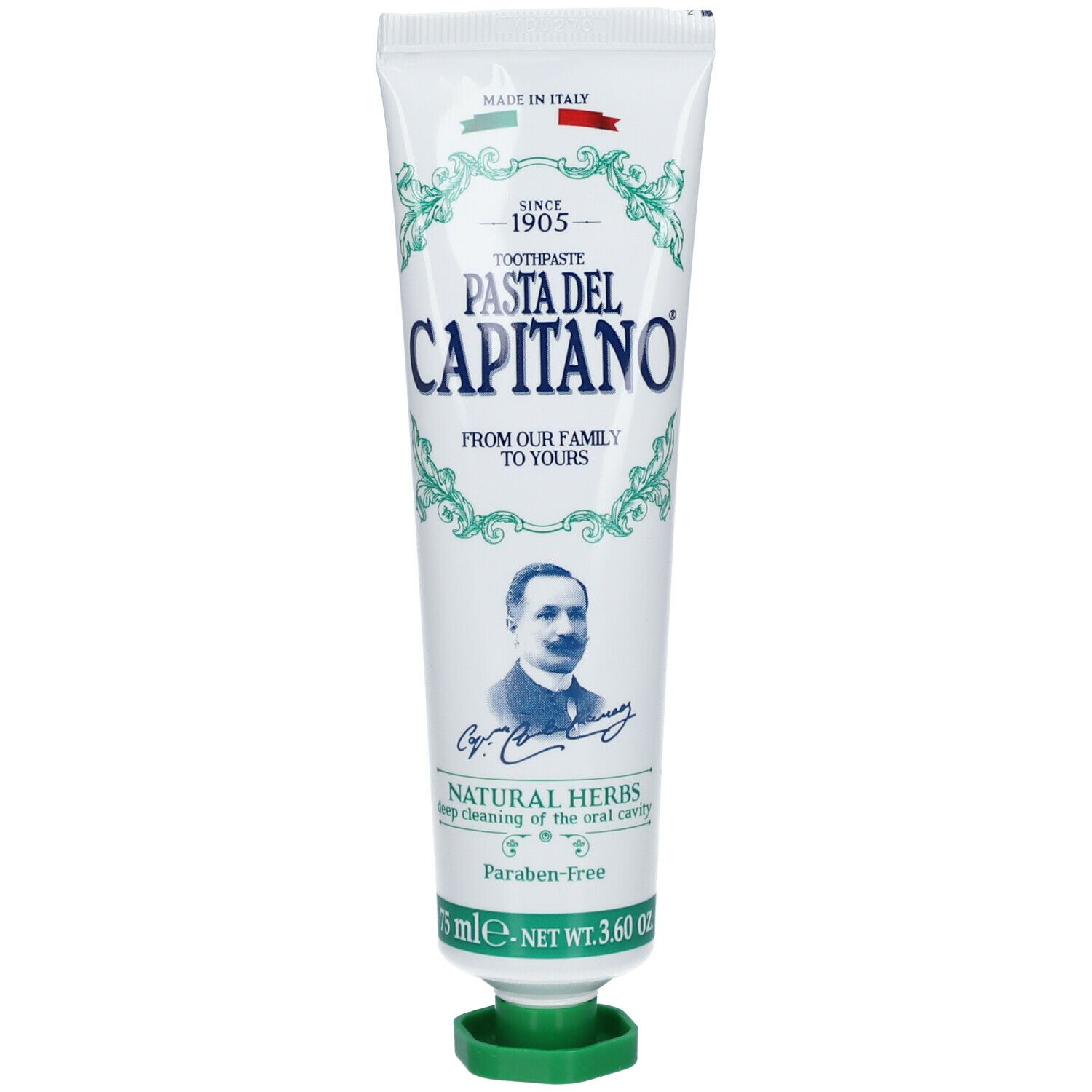 Tandpastatube met groene dop. Opschrift: Pasta del Capitano, Natural Herbs. Portret van een man.