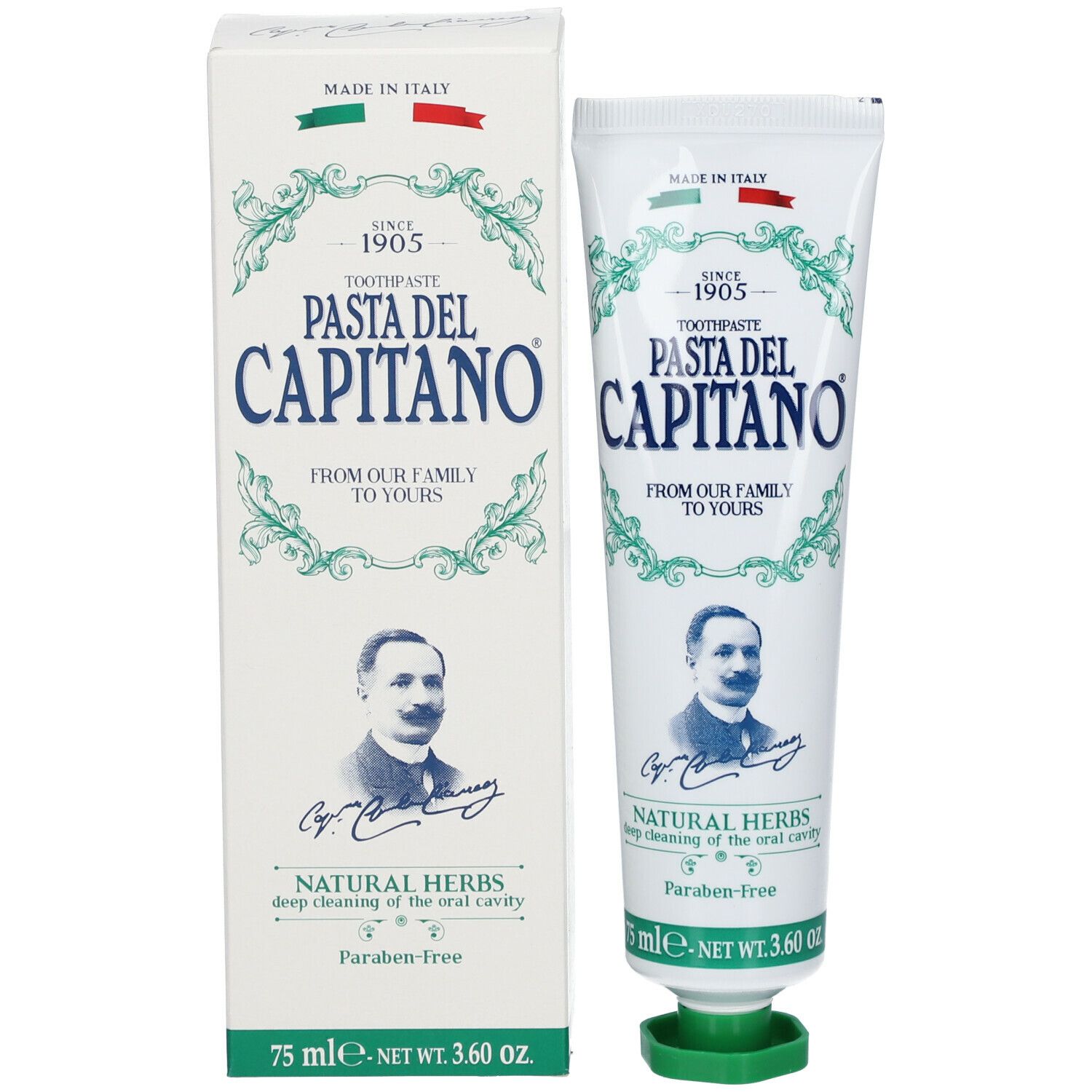 Tandpasta tube en doos. Opschrift: Pasta del Capitano, Natural Herbs. Portret van een man. Groene en rode accenten.