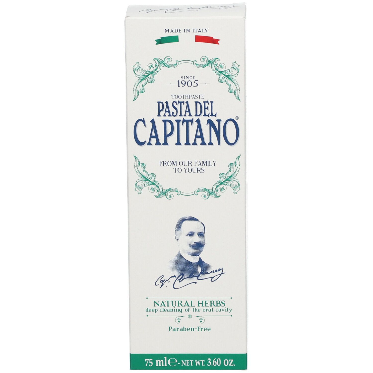 Tandpasta doos. Opschrift: Pasta del Capitano, Natural Herbs. Portret van een man. Groene en rode accenten.