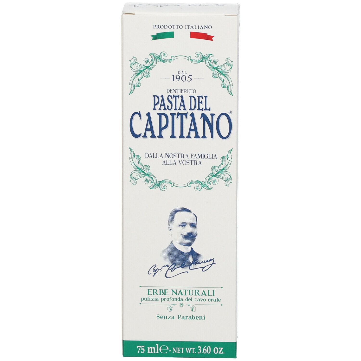 Voorkant van de tandpastadoos. Opschrift: Pasta del Capitano, Erbe Naturali. Portret van een man. Groene en rode accenten.