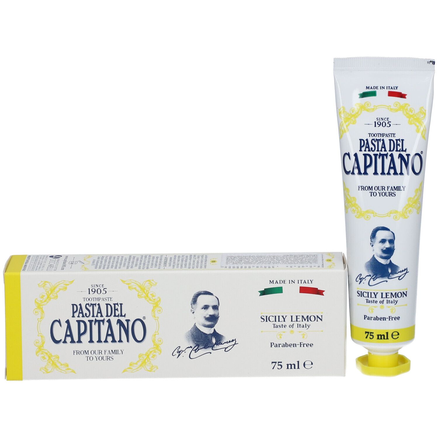 Zahncreme-Tube und Schachtel. Aufschrift: Pasta del Capitano, Sicily Lemon. 75 ml. Schachtel gelb-weiß.