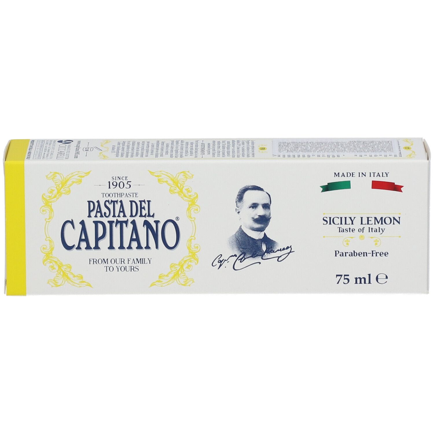 Weiße Schachtel mit gelben Akzenten. Aufschrift: Pasta del Capitano, Sicily Lemon. 75 ml.