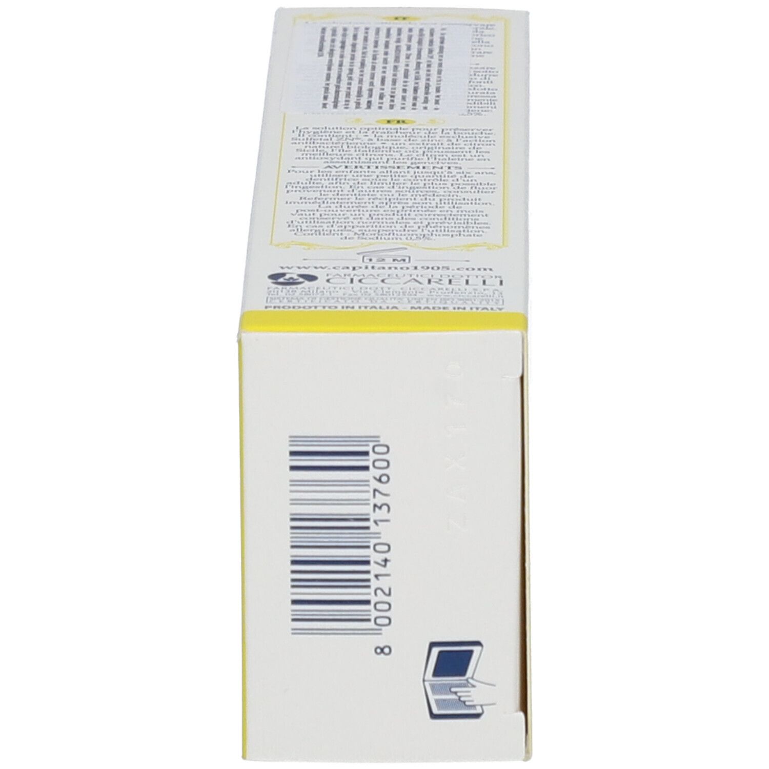Seite der Schachtel. Barcode und Text. Gelber Hintergrund.