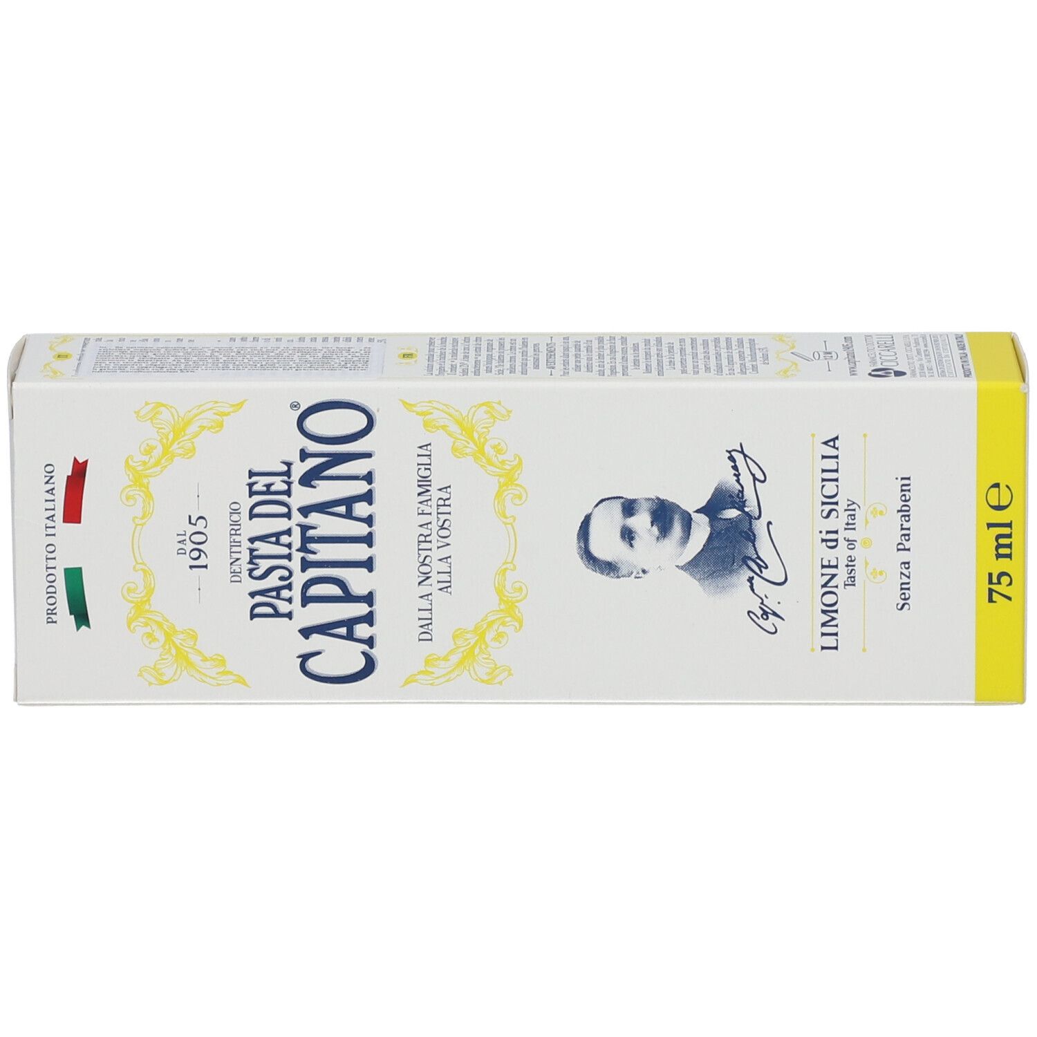 Schachtel mit Aufschrift: Pasta del Capitano, Sicily Lemon. 75 ml. Hergestellt in Italien.