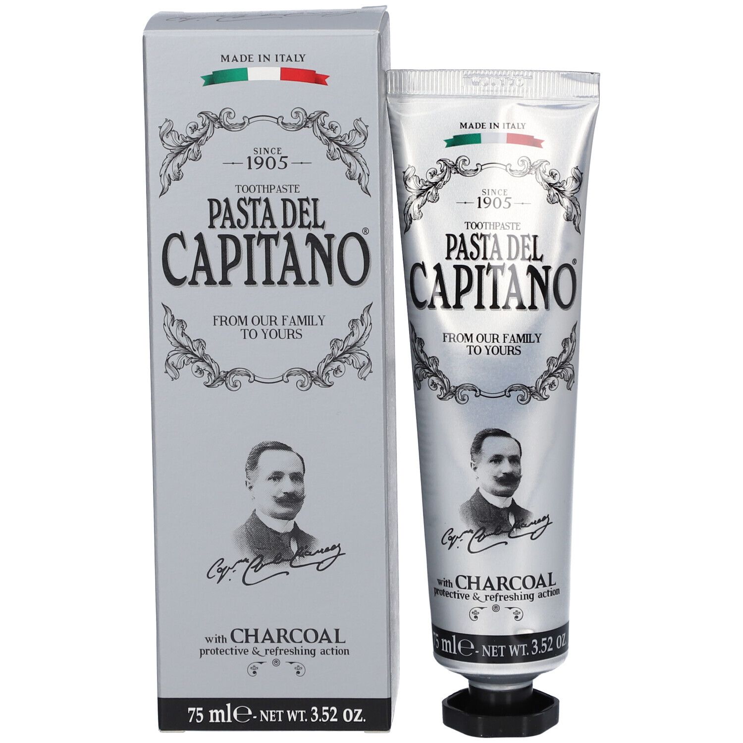 Zahnpastatube und Kartonverpackung "Pasta del Capitano" Holzkohle-Zahnpasta.