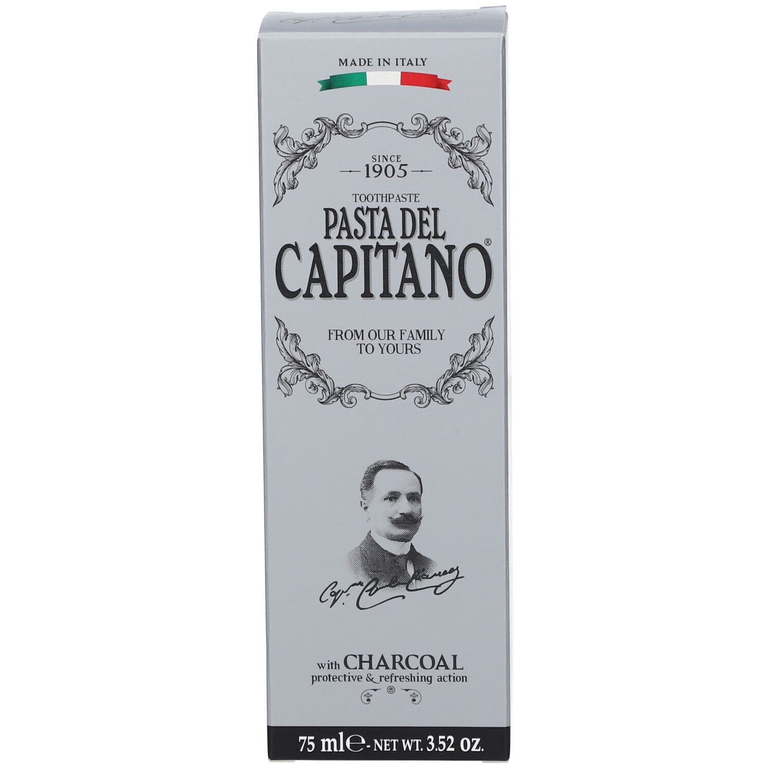 Vorderseite der Kartonverpackung für "Pasta del Capitano" Holzkohle-Zahnpasta.