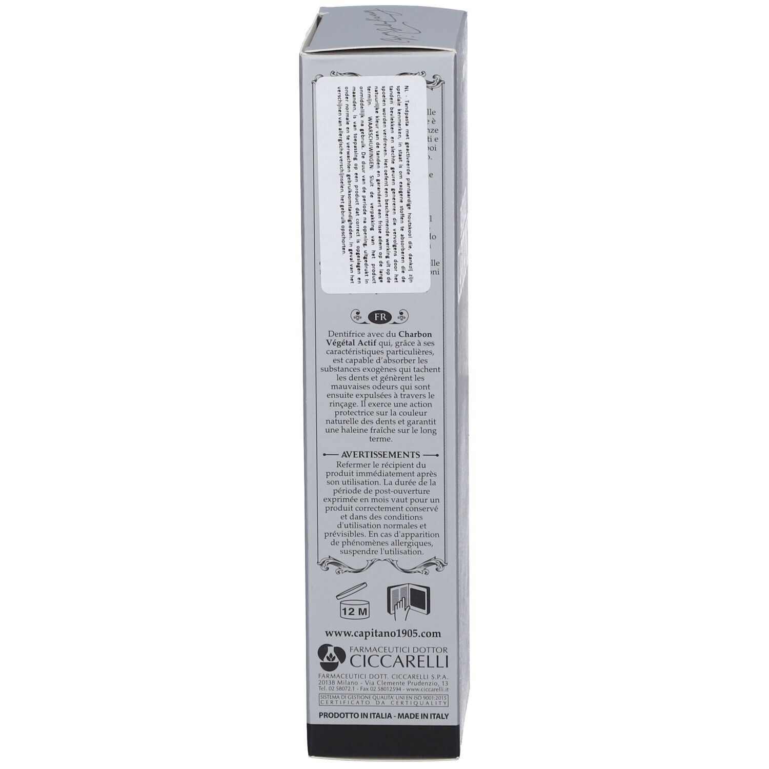 Seitenansicht der Kartonverpackung mit mehrsprachigen Produktinformationen.