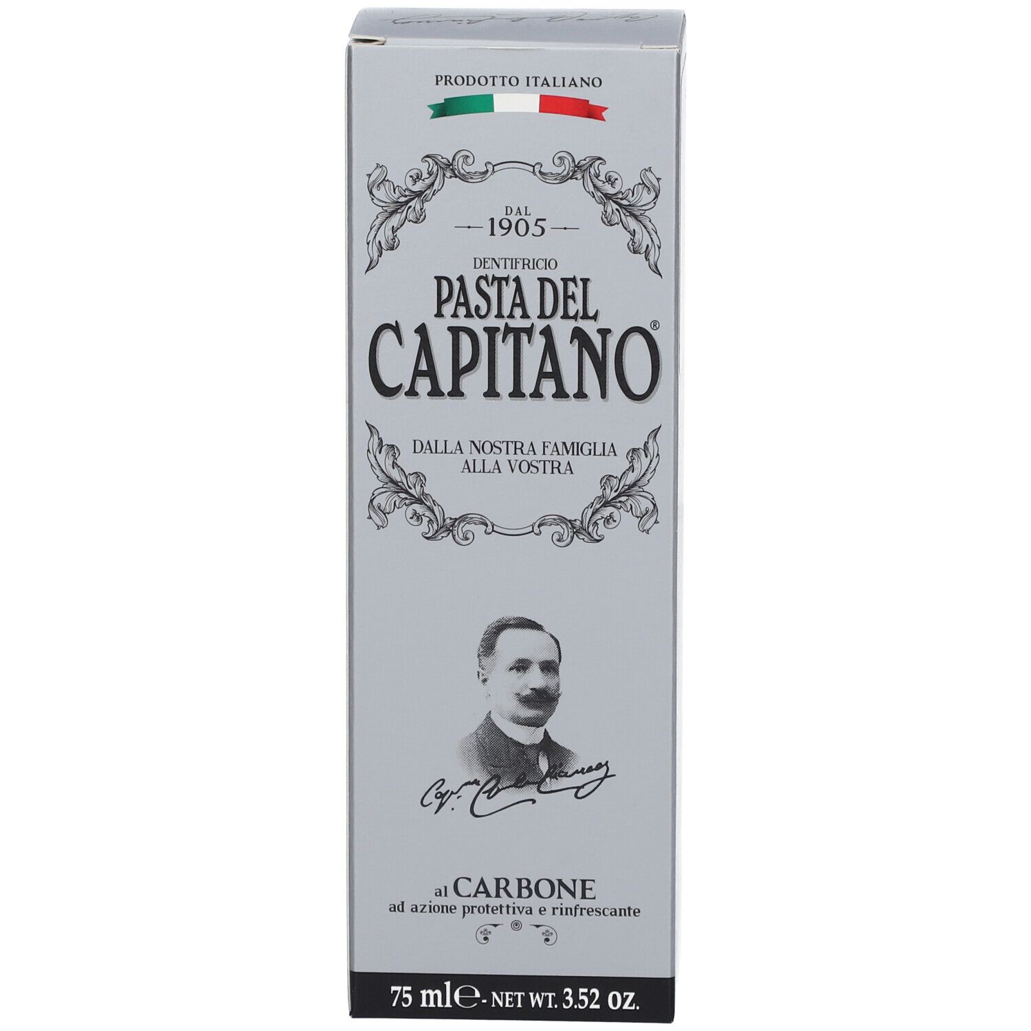 Italienische Vorderseite der Kartonverpackung "Pasta del Capitano" Zahnpasta al Carbone.