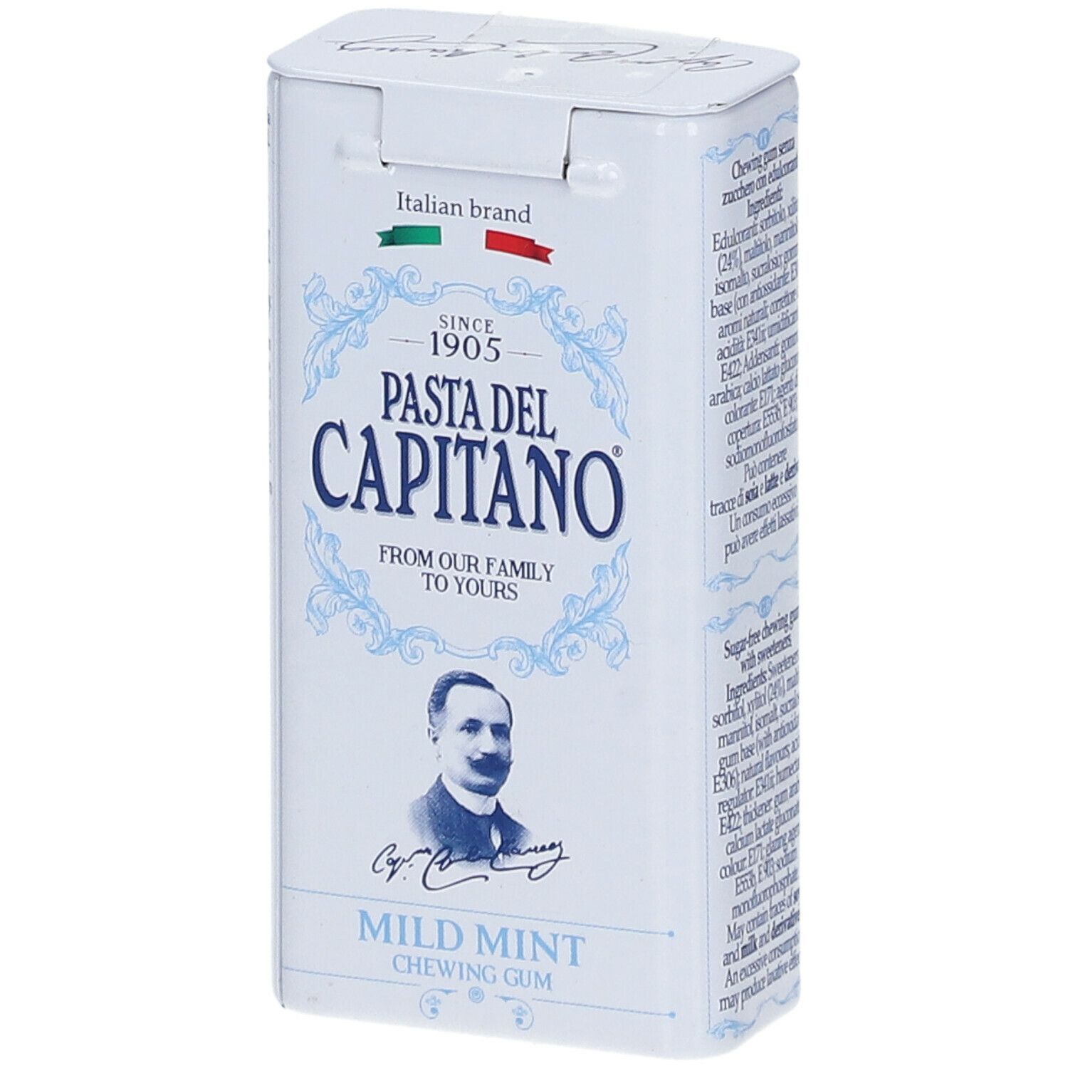 Weißes rechteckiges Metallkästchen mit Aufschrift 'Pasta del Capitano'. 'Milde Minze' und 'Chewing Gum' darunter.
