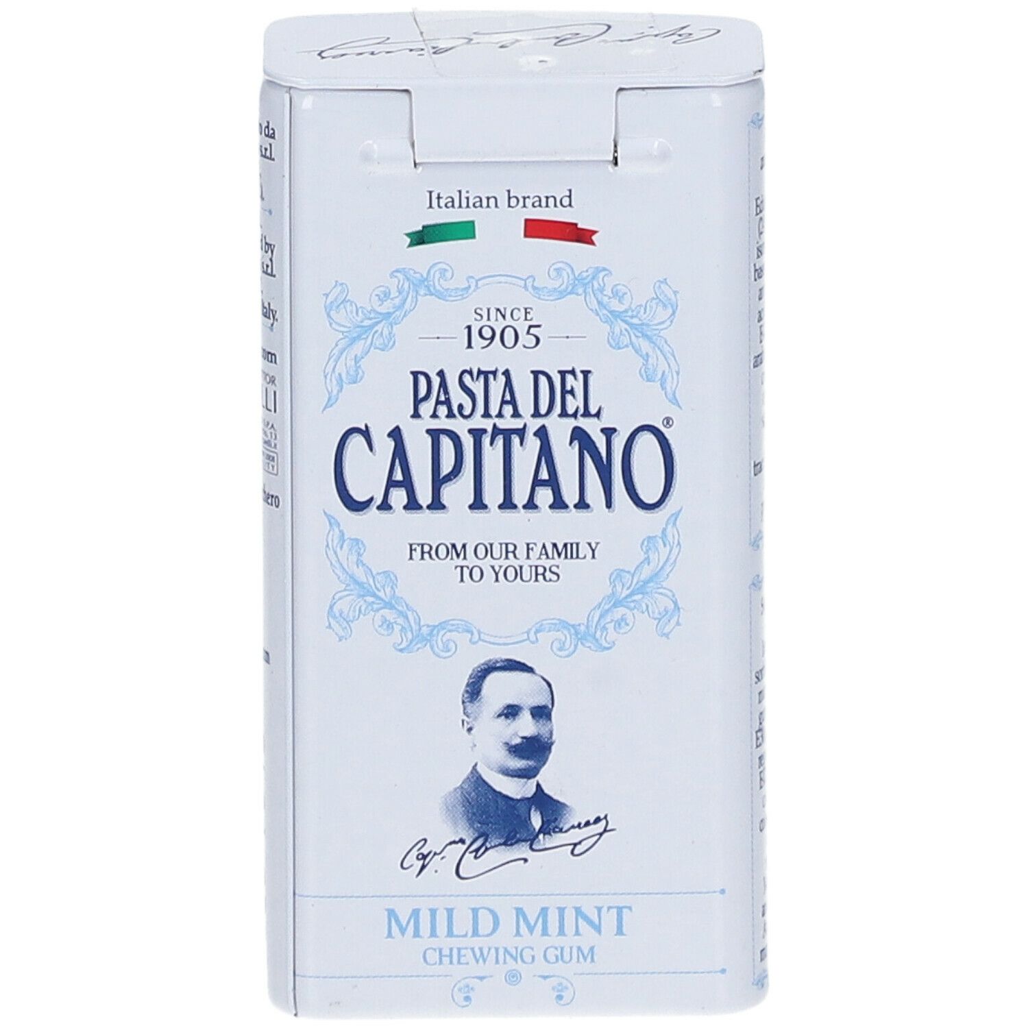 Weißes rechteckiges Metallkästchen mit 'Pasta del Capitano'. 'Milde Minze' und 'Chewing Gum' darunter.