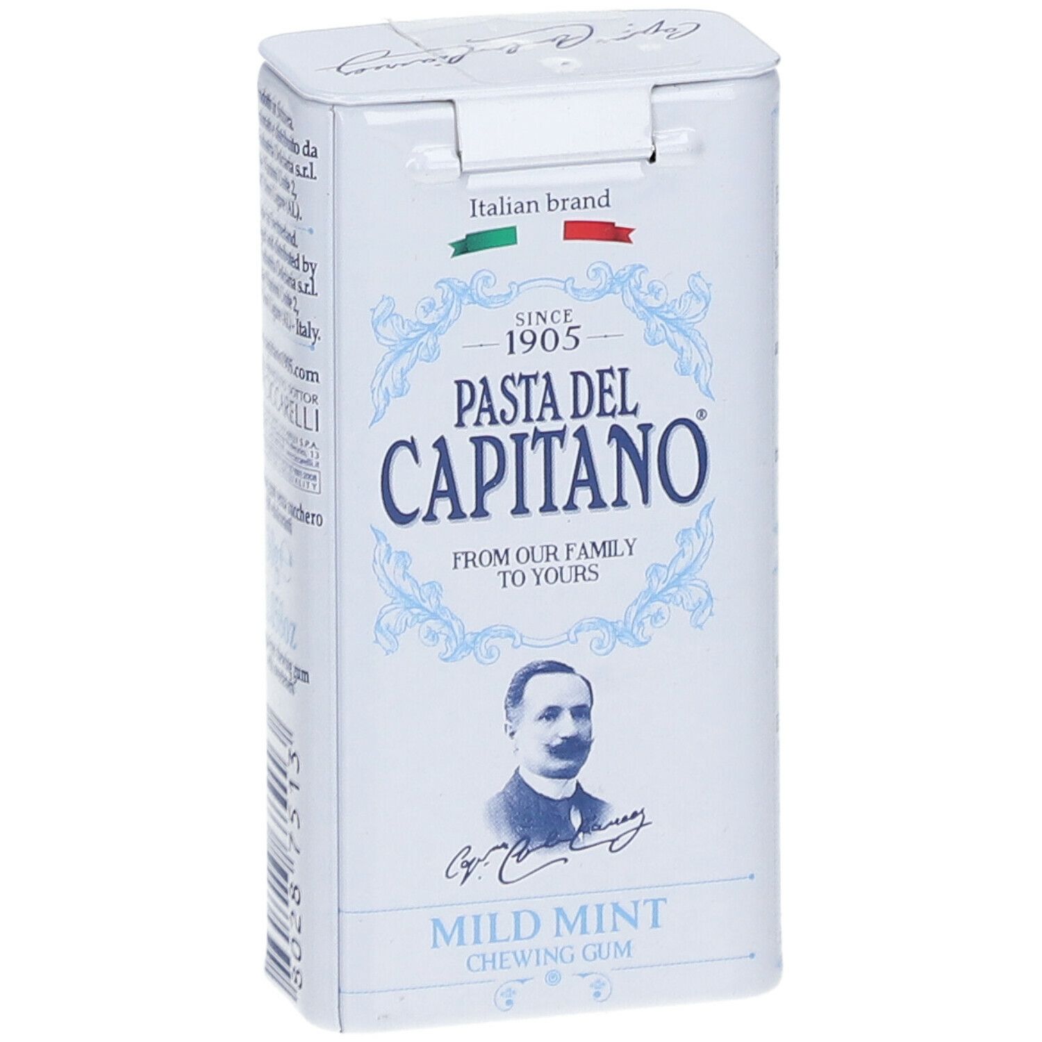 Weißes rechteckiges Metallkästchen mit 'Pasta del Capitano'. 'Milde Minze' und 'Chewing Gum' darunter.