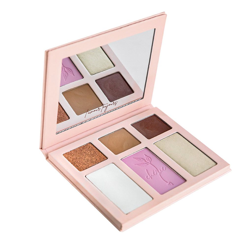 Dos de la palette D'Amour. Emballage rose avec texte et ingrédients. Logo : Peppa. Texte : Coup de foudre, Palette d'amour.