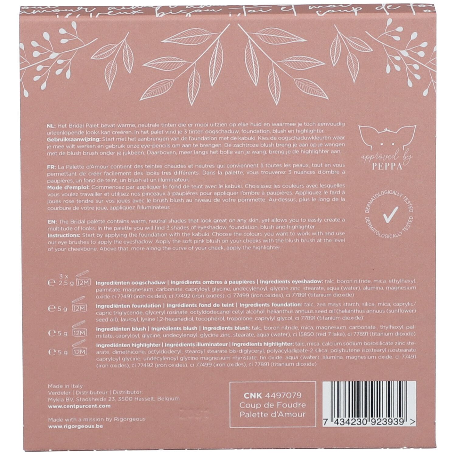 Palette D'Amour ouverte. Palette rose avec miroir et sept teintes. Inscription : Cherie. Différentes couleurs.
