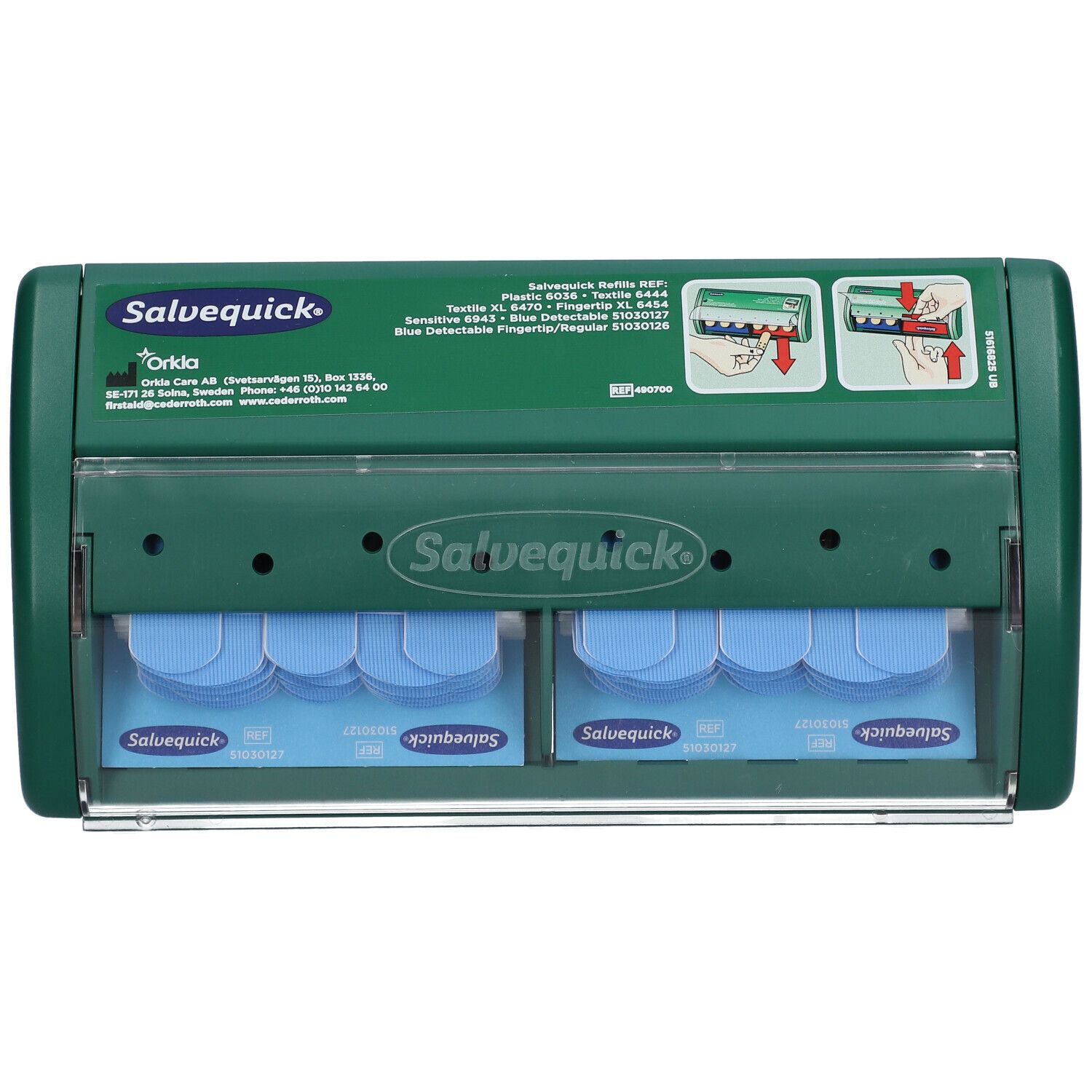 Grüner Wandspender mit Pflastern. Mit dem Schriftzug Salvequick und Orkla. Zwei Ausgabestellen mit Pflastern.