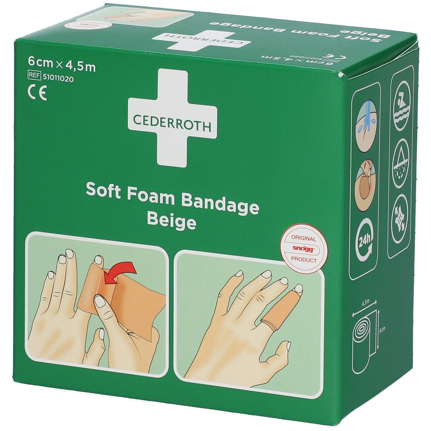 Groene verpakking Cederroth Soft Foam Bandage Beige. Afmeting: 6 cm x 4,5 m. Illustraties van gebruik.