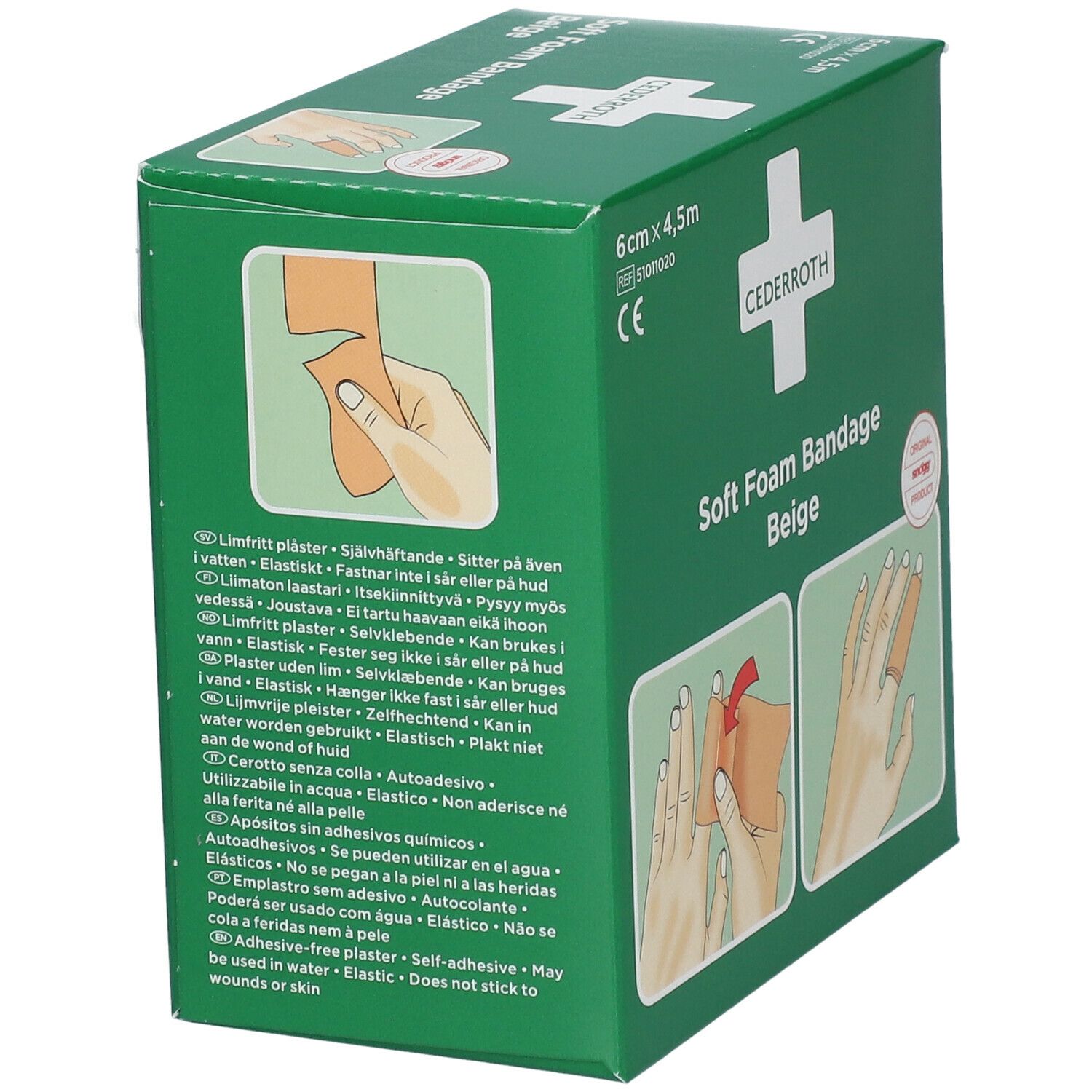 Groene verpakking met meertalige teksten. Cederroth Soft Foam Bandage Beige. Illustraties van gebruik.